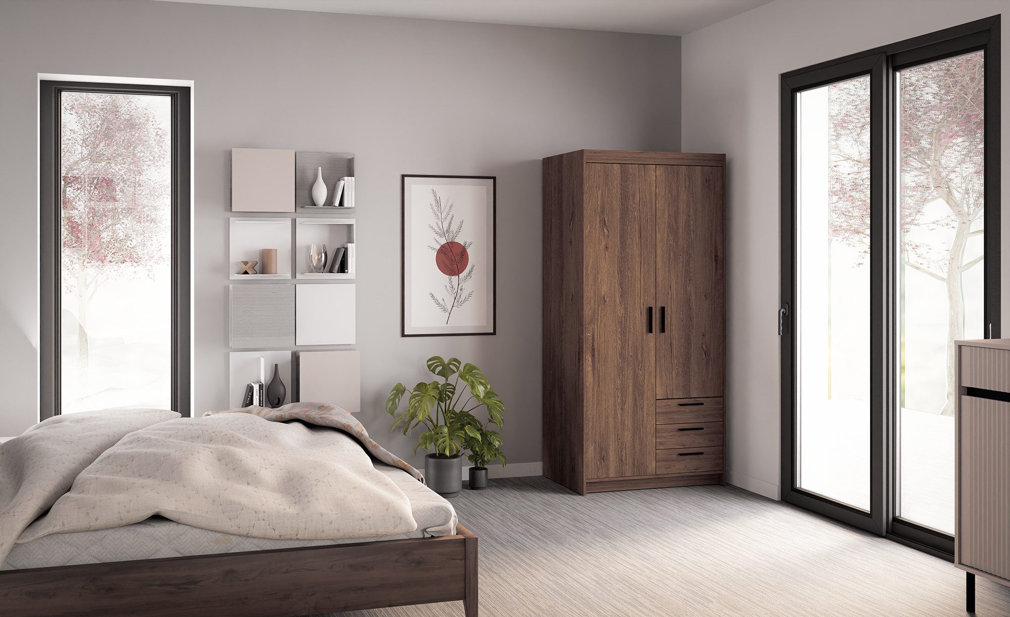 Beautysofa Kleiderschrank ELENA 2D mit Schubladen und Kleiderstange