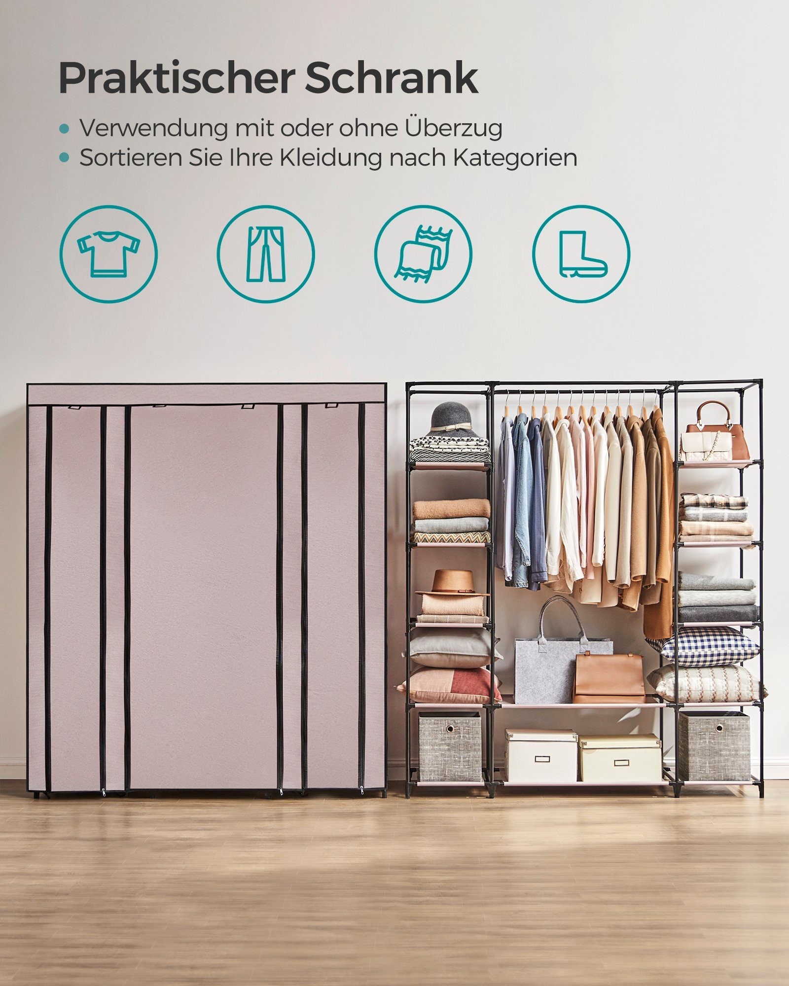 SONGMICS Kleiderschrank Stoffschrank, mit Überzug aus Vliesstoff,Faltschrank mit Kleiderstange 45 x 150 x 175 cm, 12 Ablagen, Metallrahmen, Schrank fürs Schlafz – Bild 3 von 5