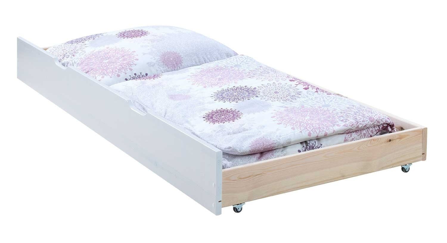Home4You Bettschubkasten, Weiß, Kiefernholz massiv, mit 4 Rollen, für Betten mit einer Breite von 200 cm