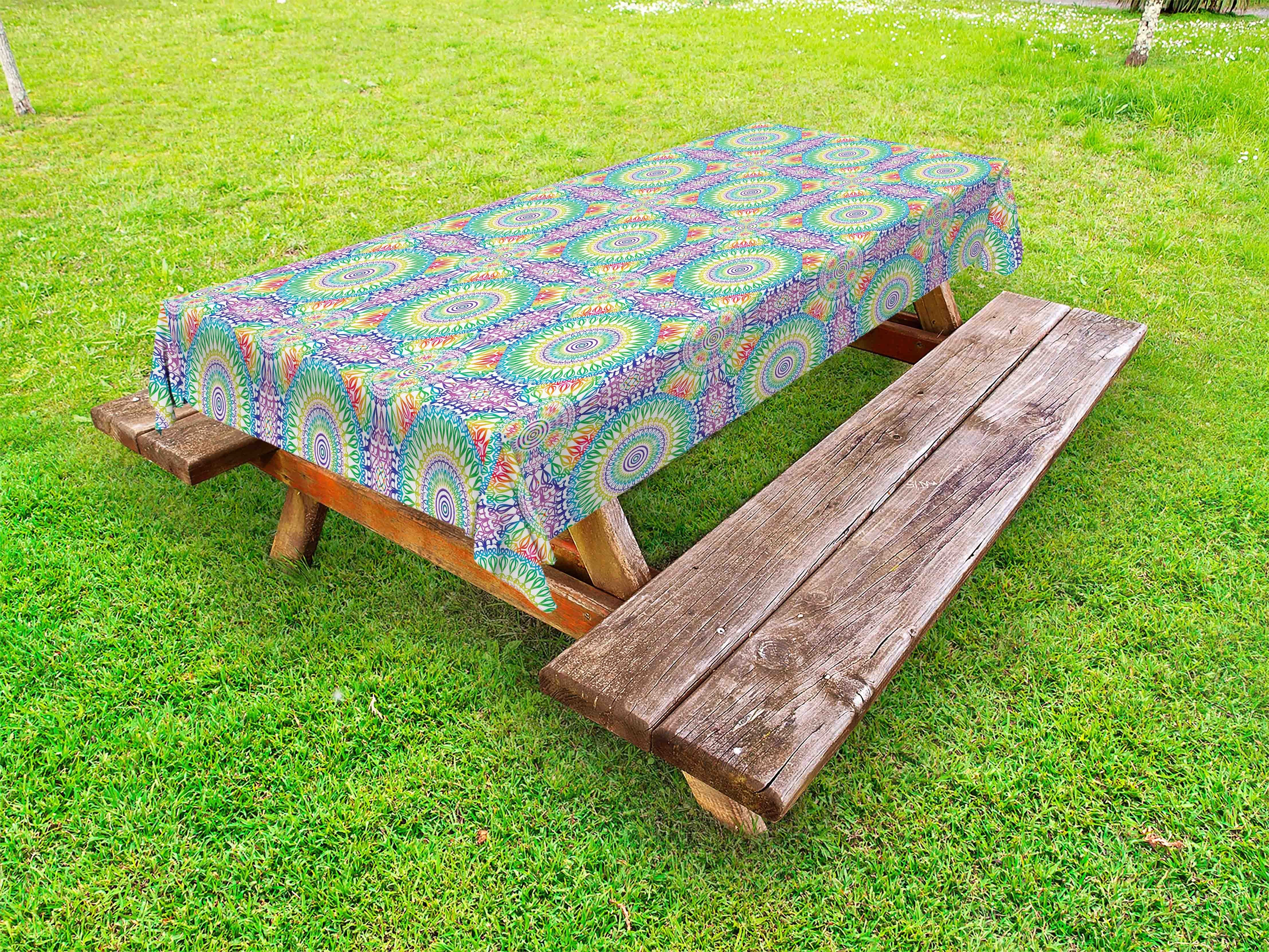 Abakuhaus Tischdecke dekorative waschbare Picknick-Tischdecke, Retro Hippie Ethnische Mandala Rainbow