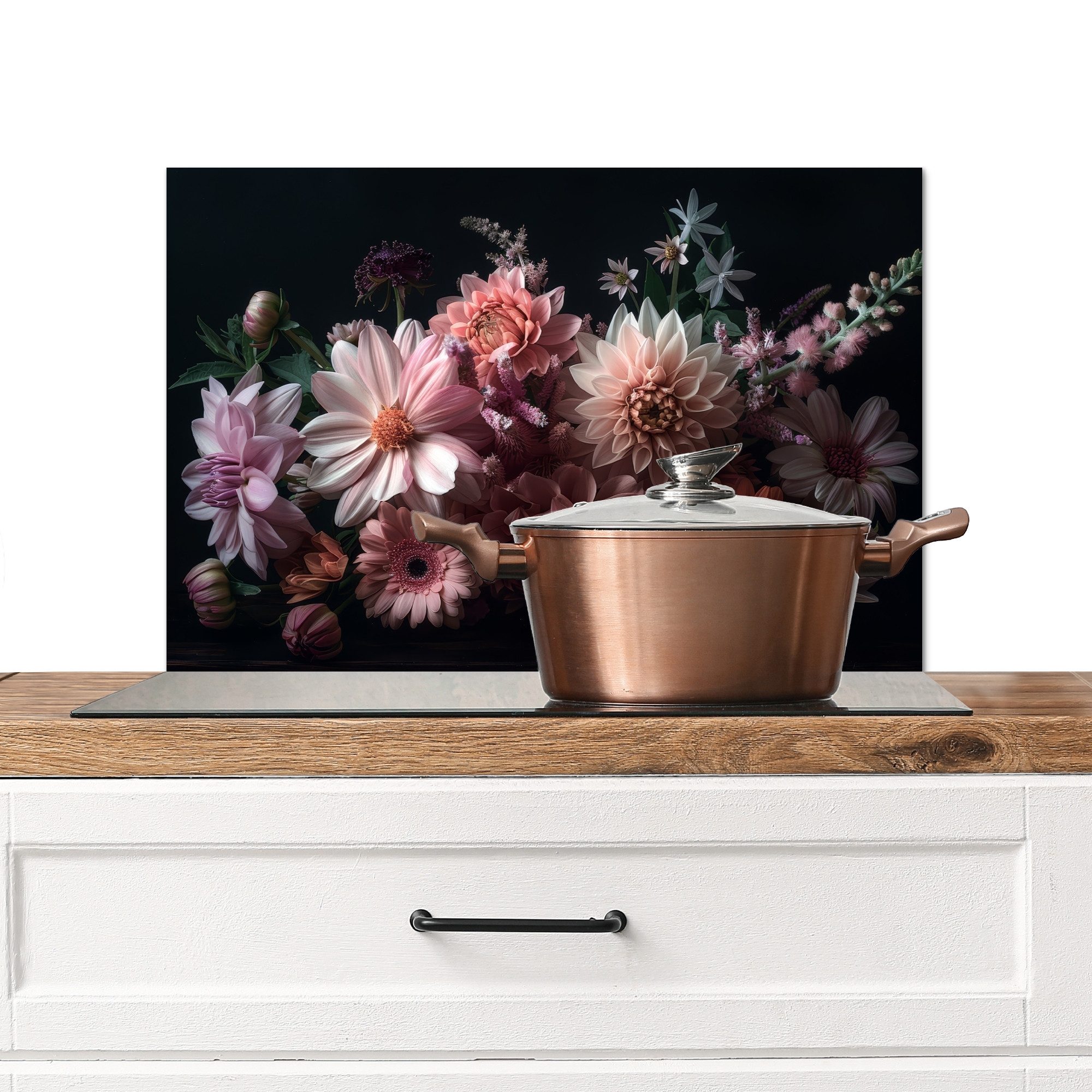 MuchoWow Küchenrückwand Blumen - Bunt - Rosa - Modern, (1-tlg), Spritzschutz Küche, Küchendeko, 60x40 cm