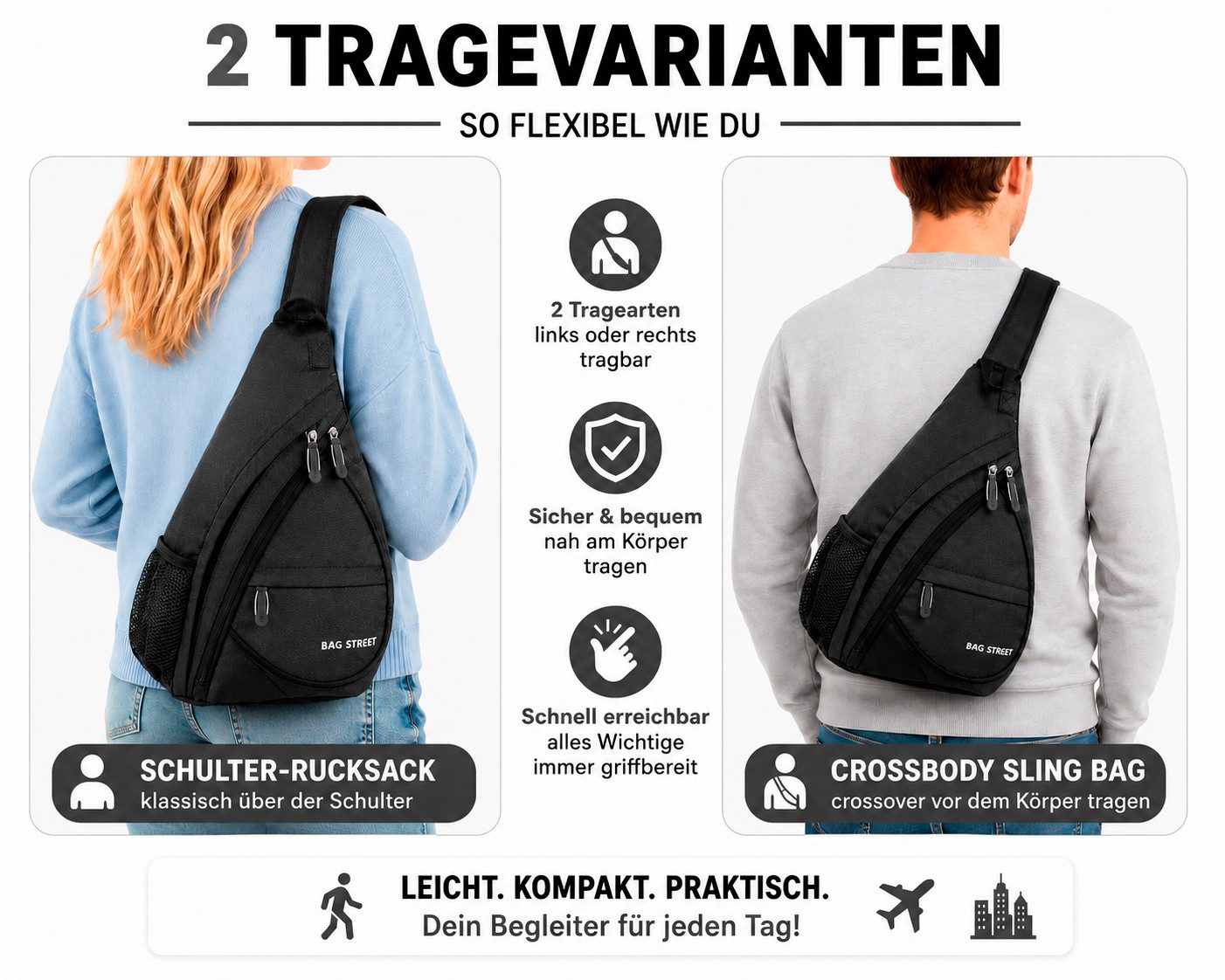 BAG STREET INTERNATIONAL Daypack Sling Bag Crossbody Schulterrucksack mit Sicherheitsfach Leicht Alltag