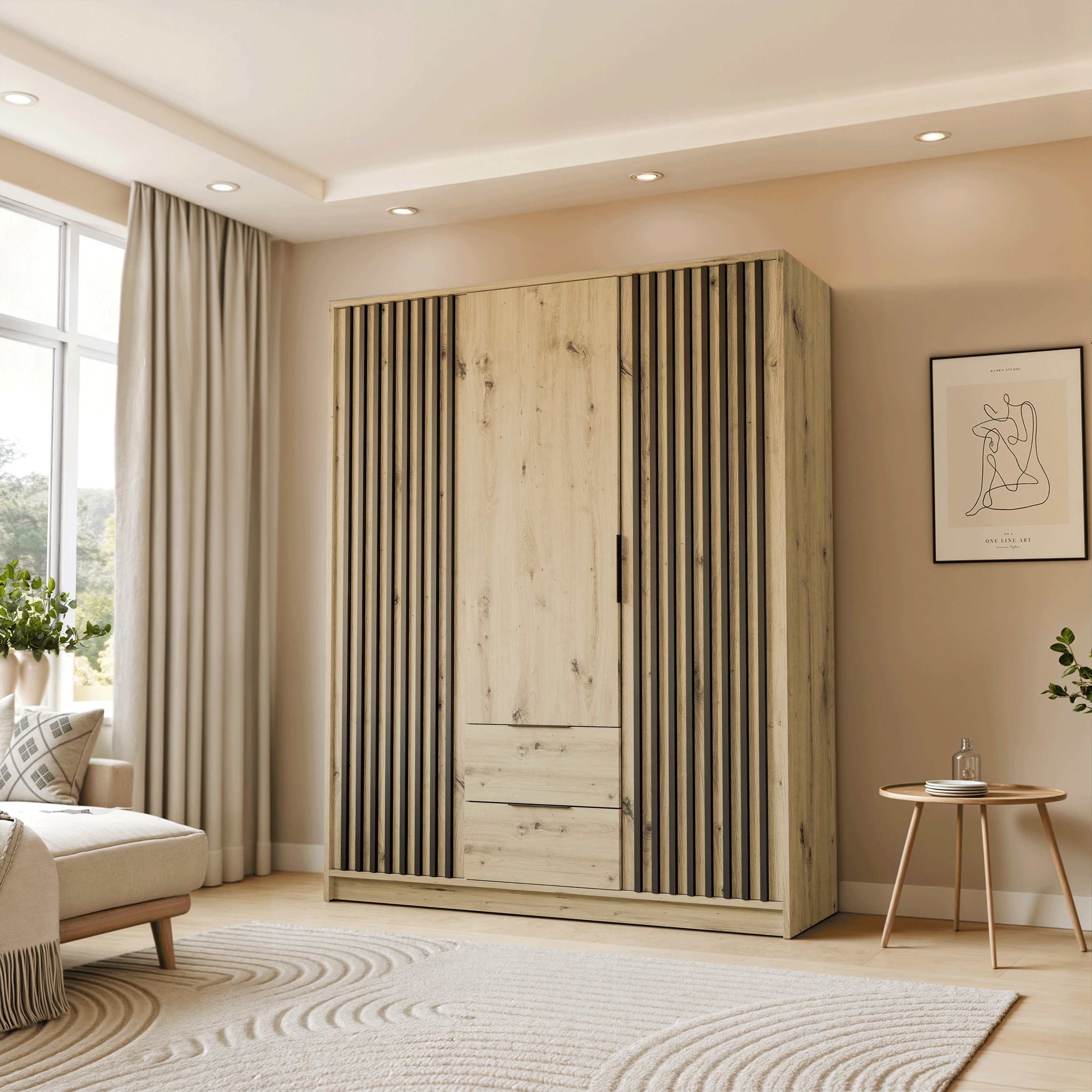 Lookway Kleiderschrank NELA 3D 155 cm Drehtürenschrank mit Lamellen Breite: 155 cm