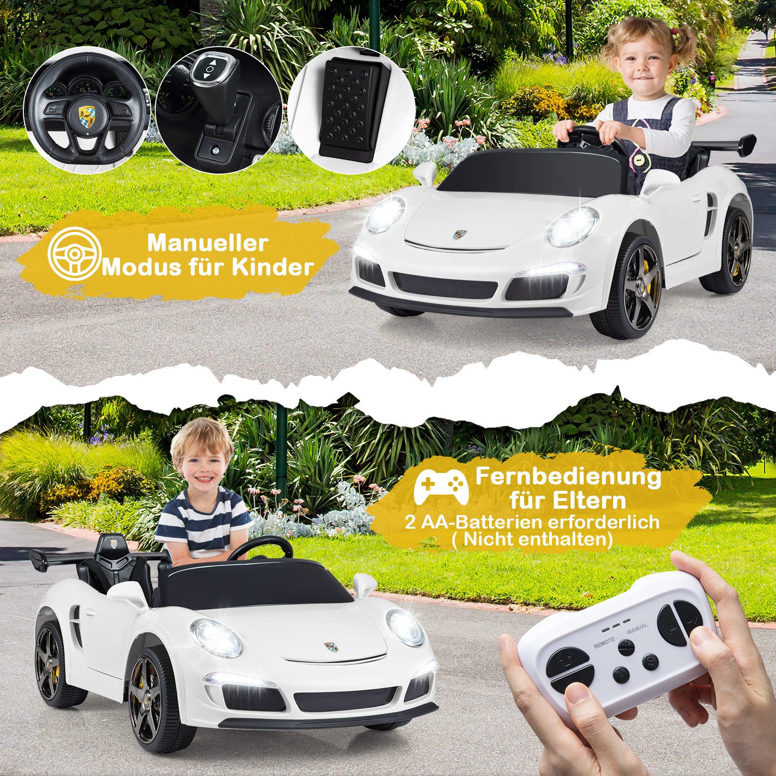 COSTWAY Elektro-Kinderauto, Belastbarkeit 59 kg, (1-tlg), Lizenzierter RUF Elektrofahrzeug, 12V Elektroauto, 2-Sitzer