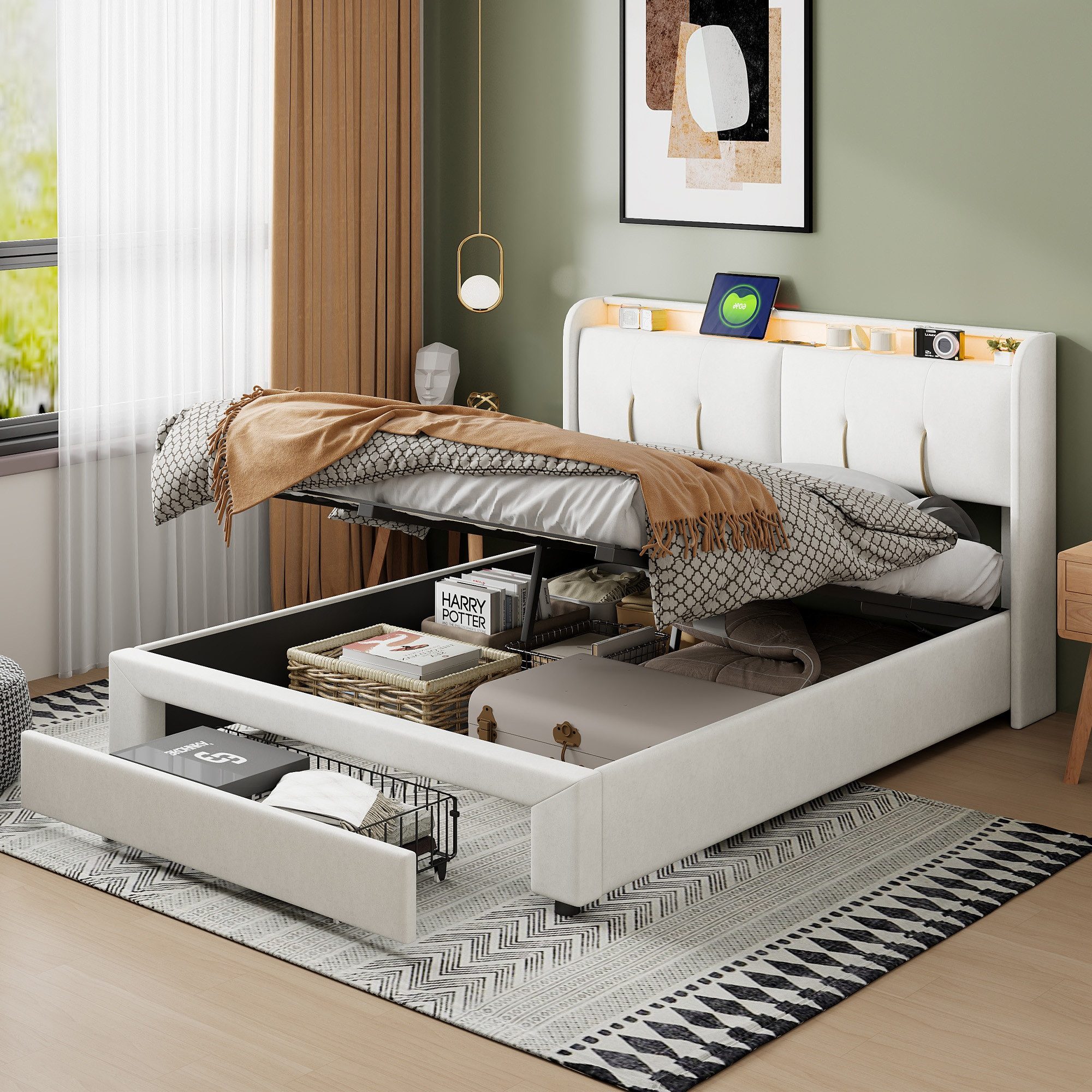 zebery Polsterbett Hydraulisches Stauraumbett mit LED-Beleuchtung (Set, 1-tlg., Aufklappbares Kopfteil mit USB-Ladeanschluss), für Erwachsene Jugendliche, Ohne Matratze, Samt, Beige, 140x200 cm