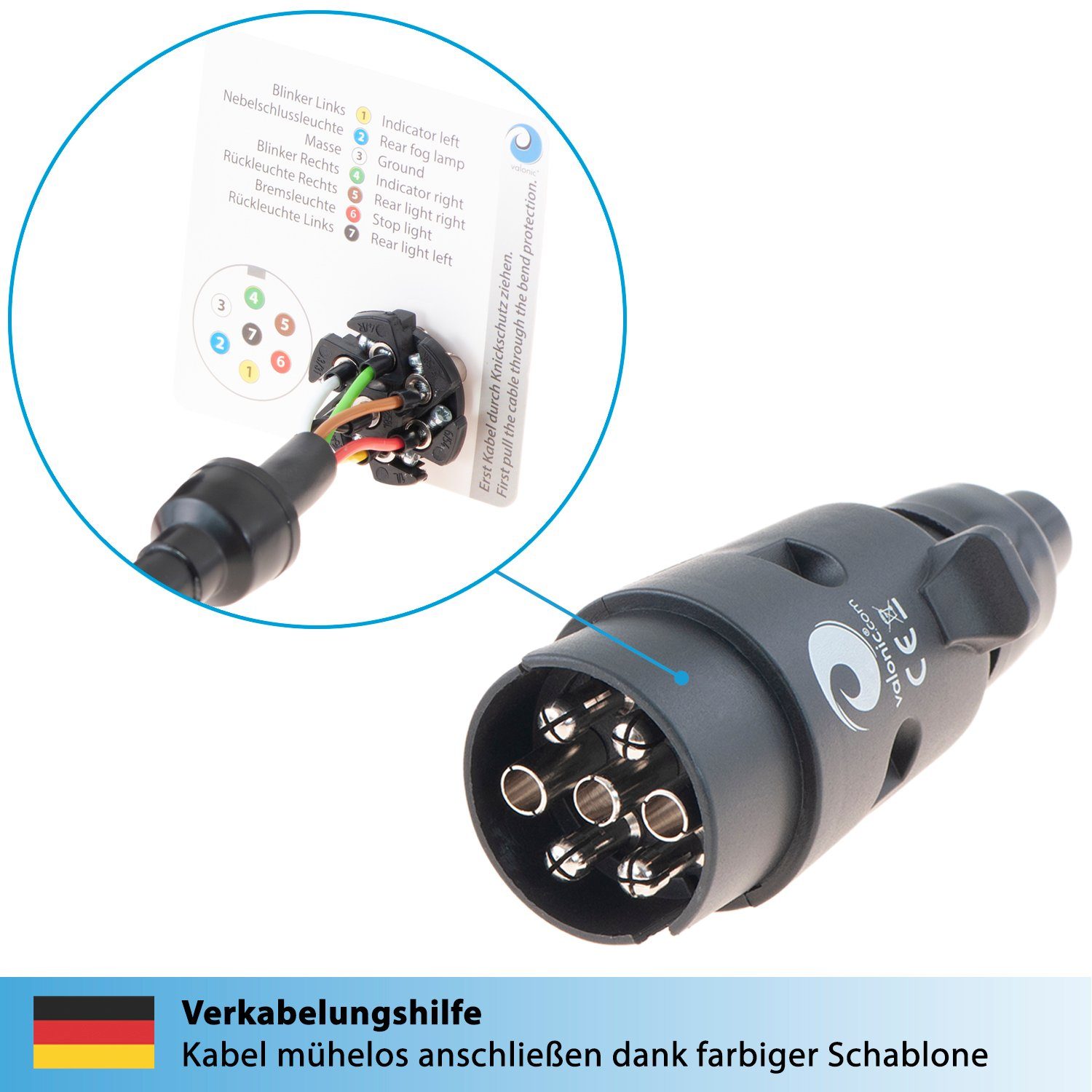 valonic valonic Premium Anhänger Stecker - 7 polig, schwarz - inkl. Schablone Anhänger-Adapter 7 polig zu Anhänger-Kabelbaum, inkl. Verkabelungshilfe - für Anhänger und Wohnwagen