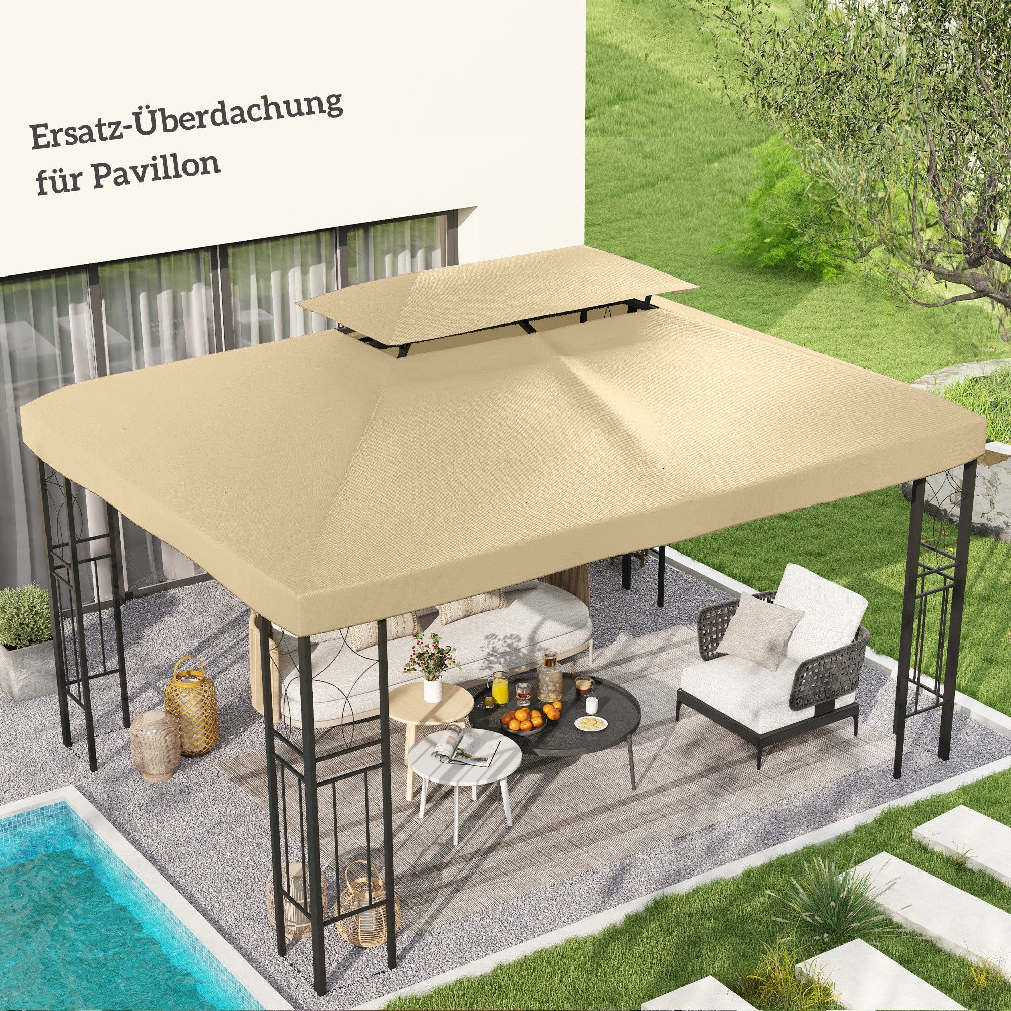 Outsunny Pavillon-Ersatzdach mit Doppeldach, 180 g/m², 400 x 300 cm (wasserabweisend Pavillondach, Ersatzbezug), aus Polyestet-Stoff Cremeweiß