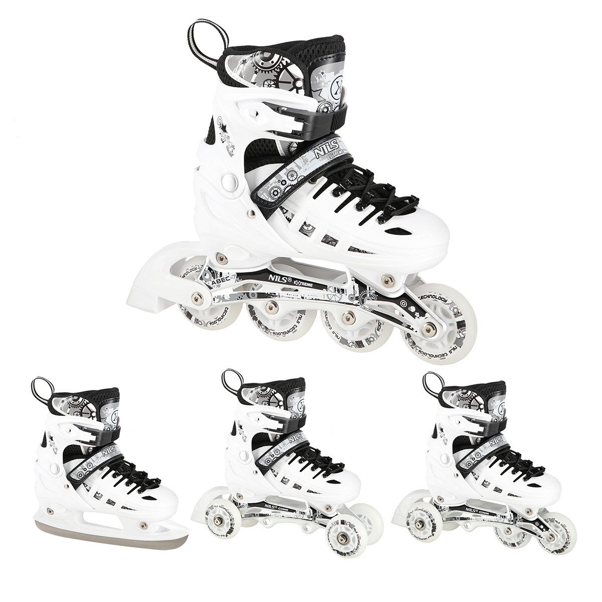 NILS EXTREME Inlineskates 4-IN-1 Inliner LED Schlittschuhe Rollschuhe wechselbare Kufen, Verstellbare Größe & leuchtende Rollen