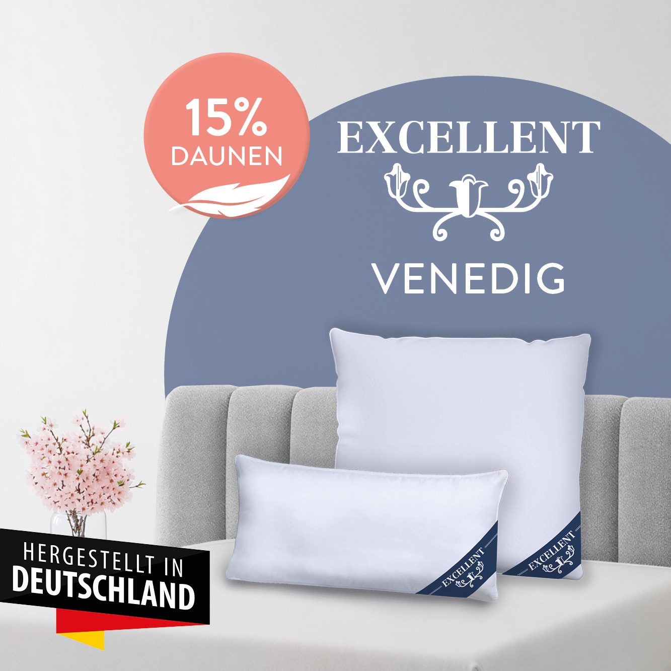 Excellent Kopfkissen Venedig, Kuschel- oder Kopfkissen 1-tlg. oder 2 -tlg., Füllung: 85% Federn / 15% Daunen, Bezug: 100% Baumwolle, Seitenschläfer, Rückenschläfer, 2 Kopfkissen, Deko- oder Kopfkissen in vielen Größen