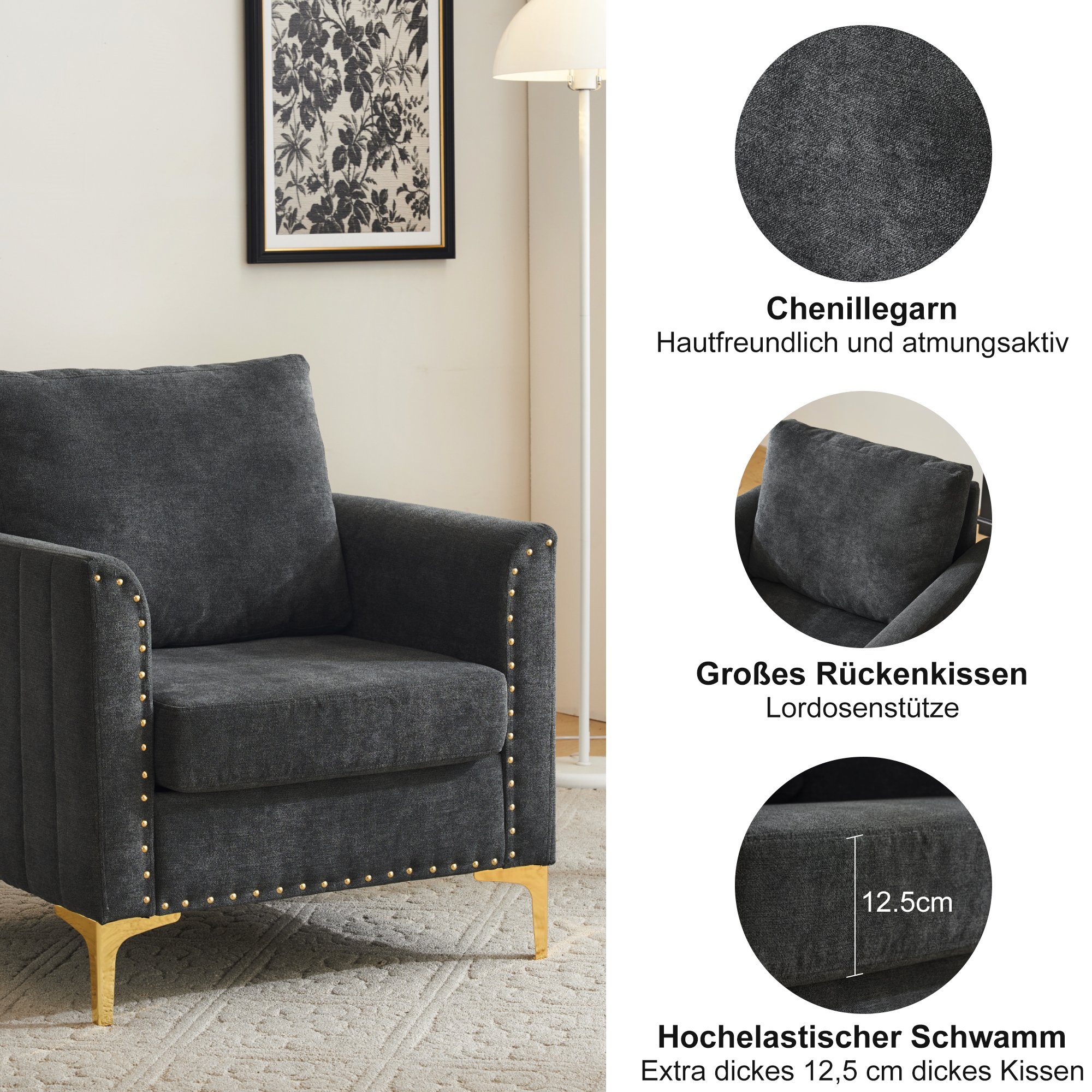 Kissen Chenille-Stoffstuhl, Sessel Moderner GLIESE grau Lounge-Sessel, Ohrensessel,mit