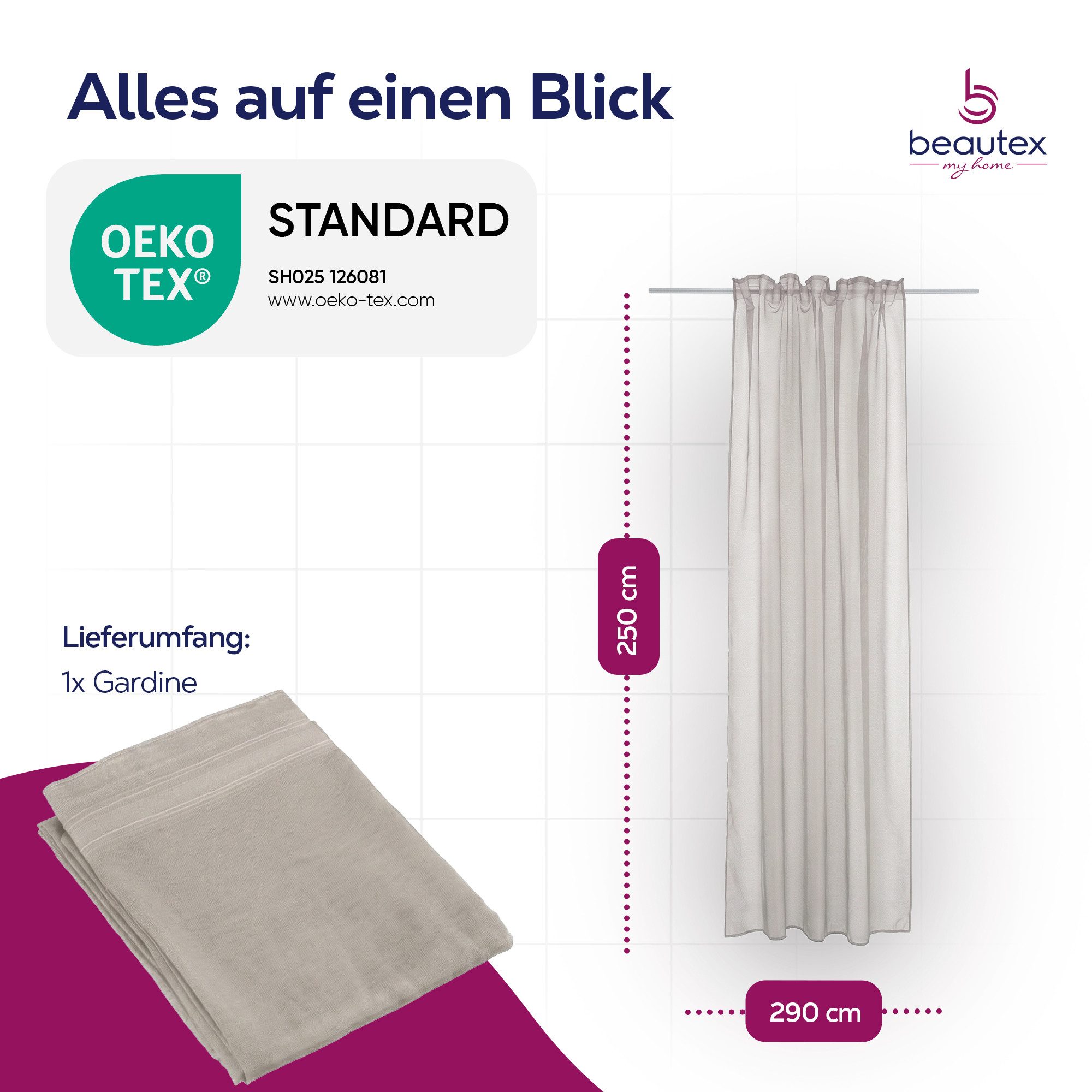 Beautex Gardine transparent Dolly, wählbar mit Kräusel- und Ösen- Aufhängung (1 St), Kräuselband, transparent