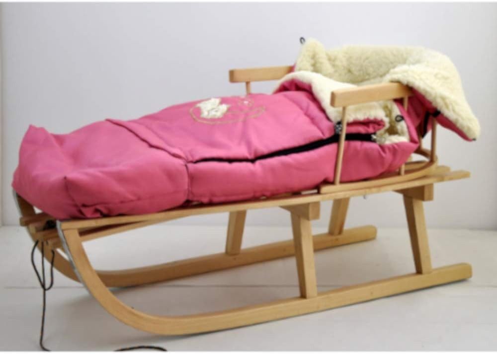 GOLDKIDS Rodel Holzschlitten Kinderschlitten aus Buchenholz (Rückenlehne inkl. Zugseil + Winterfußsack, Schlittensack Fußsack mit), Reißverschluss 40/110 cm Schlitten Metallkufen