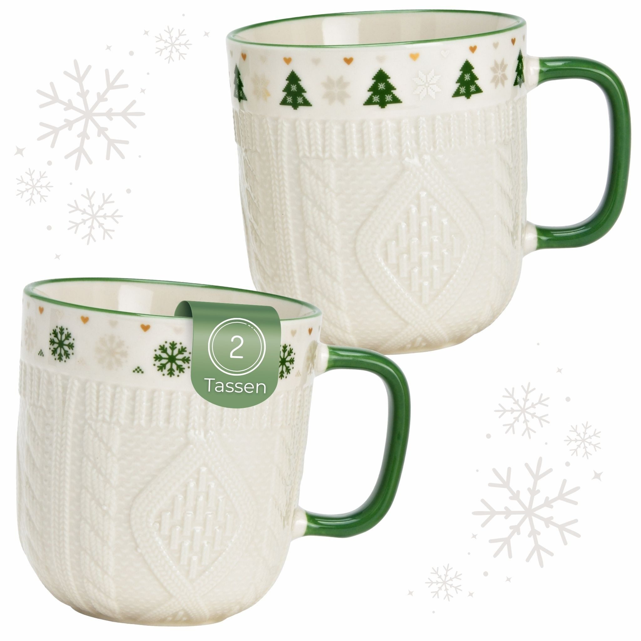 matches21 HOME & HOBBY Tasse Kaffeetassen 2er Set in Weiß mit Winter Strick Design, 2-tlg., Porzellan, Weihnachts-Tassen aus feinem Porzellan 345 ml