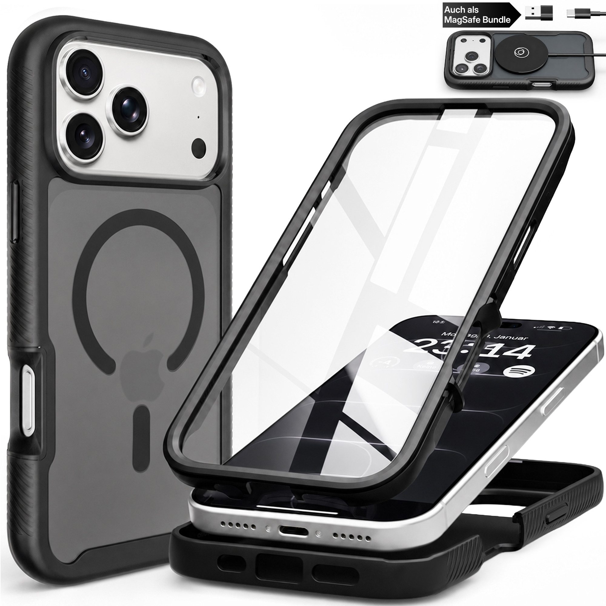 GreenHec Handyhülle iPhone 18 17 16 Pro Max Hülle 360 Grad MagSafe Panzerfolie Stoßfest 6-7 Zoll, Magnet Cover Komplettschutz Panzerglas integriert Matt Bumper