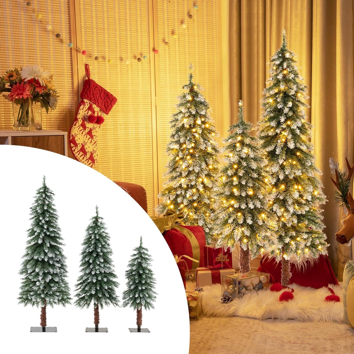 COSTWAY Künstlicher Weihnachtsbaum, mit Schnee und LED, 3er Set 90+120