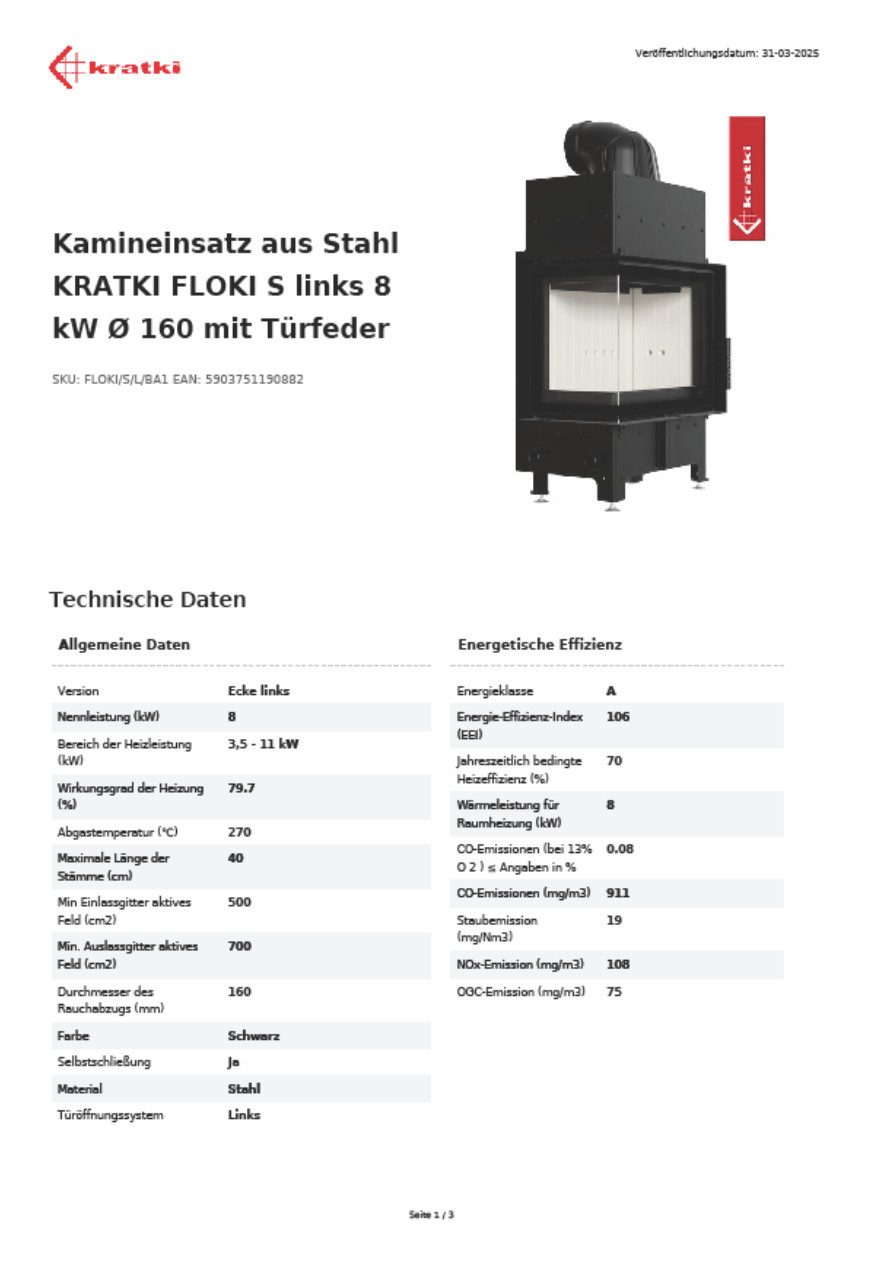 Kratki Kamineinsätze Kamineinsatz aus Stahl FLOKI S links 8 kW Ø 160 mit Türfeder, 8 kW