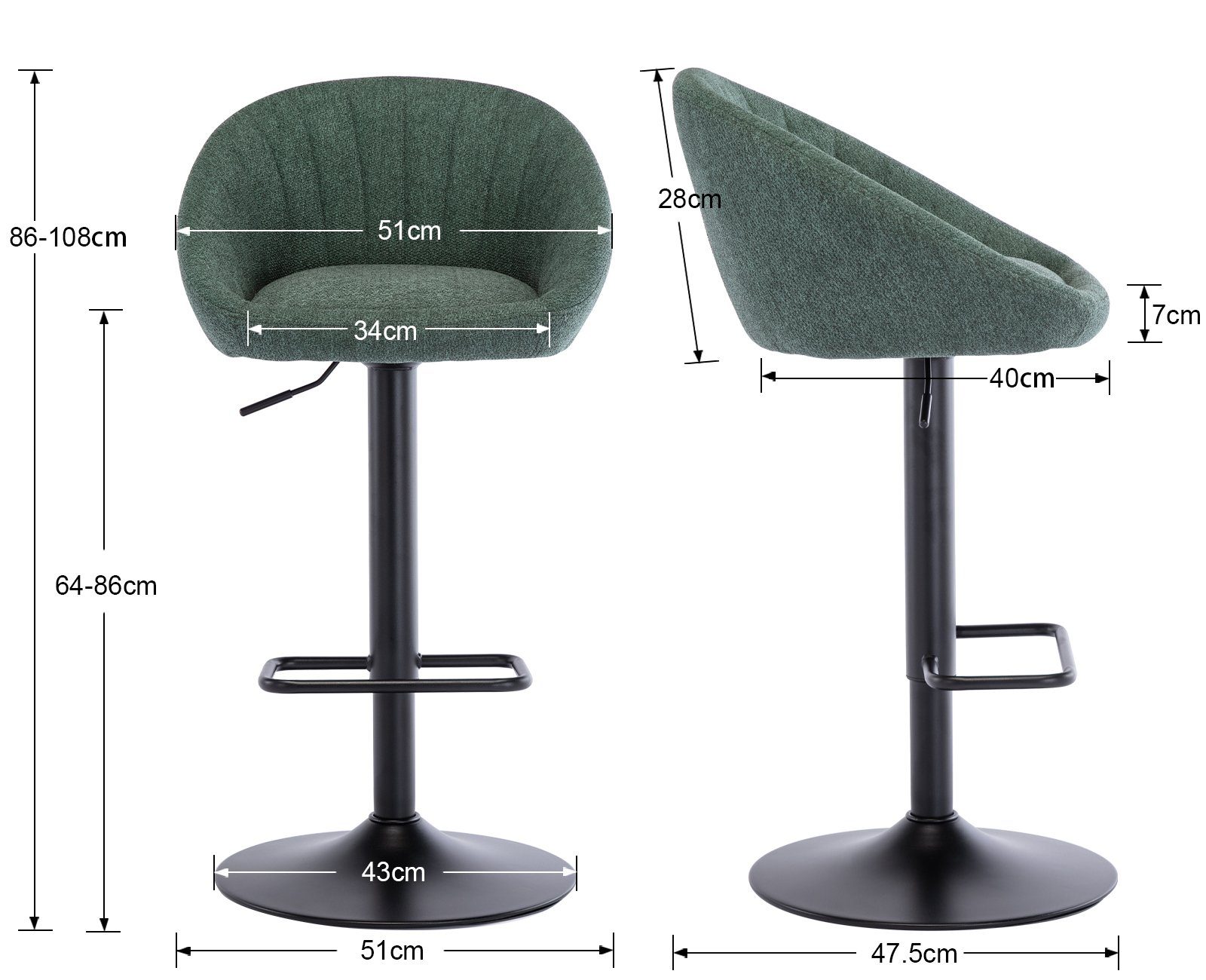 WAHSON OFFICE CHAIRS Barhocker höhenverstellbar drehbar Barstuhl aus Handtuchstoff 2er Set – Bild 5 von 5