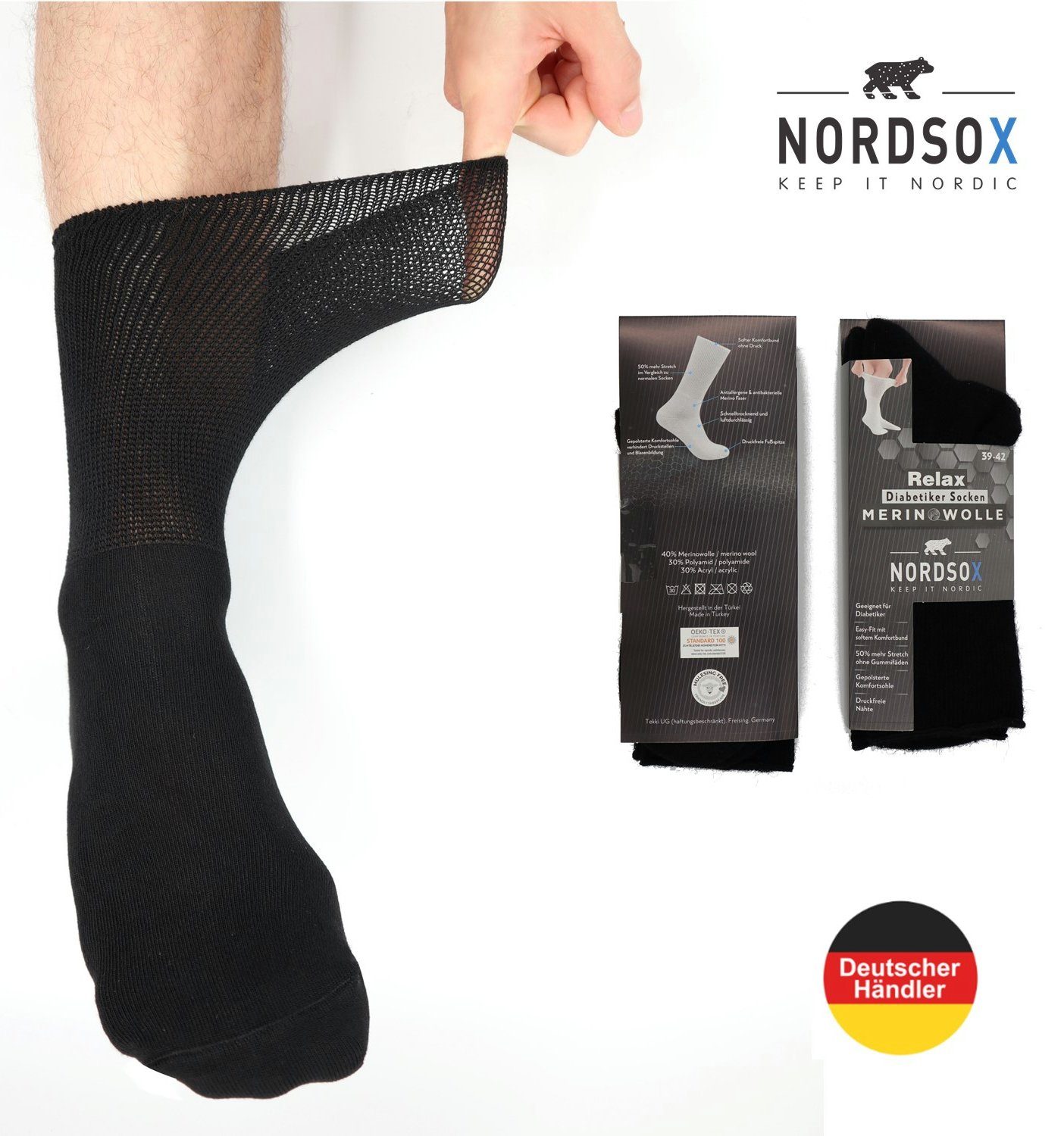Merino Diabetikersocken Herren NORDSOX & Damen klimaregulierend, antibakteriell, für elastisch Komfort atmungsaktiv,