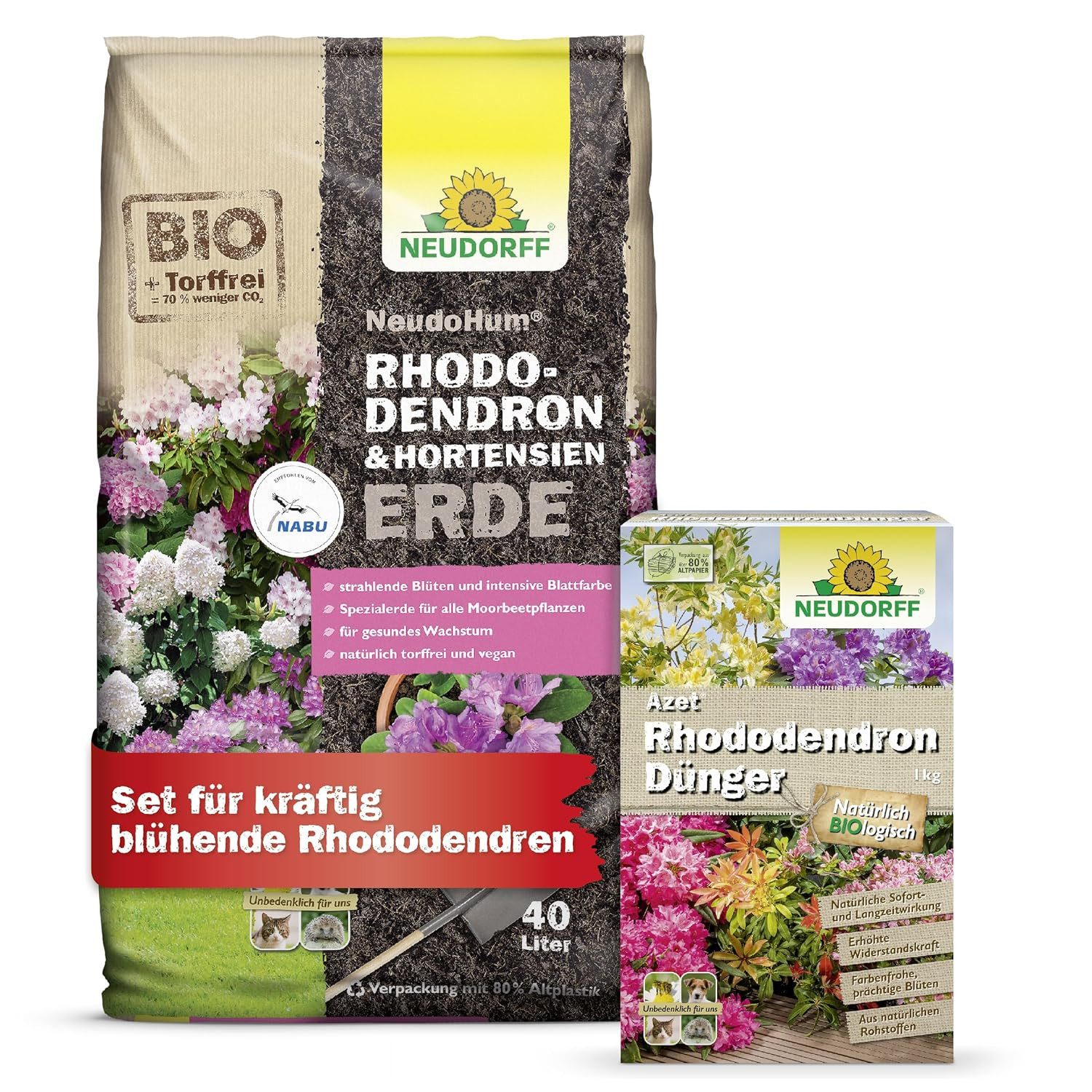 Neudorff Langzeitdünger Rhodo Set, 2-teiliges Set, 2-St., NeudoHum Rhodo- & HortensienErde + Azet Rhododendrondünger, Torffreie Spezialerde mit Rhododendrondünger im Komplett-Set