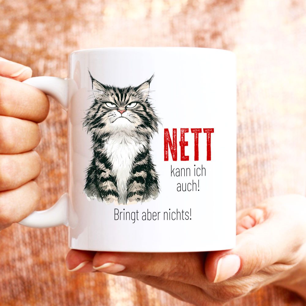 Cadouri Tasse mit Spruch 'Nett kann ich auch' Kaffeetasse Büro Arbeit, Geschenk, Keramik, Kaffeebecher, Geschenkidee Arbeitskollege, lustig, Humor, 330 ml
