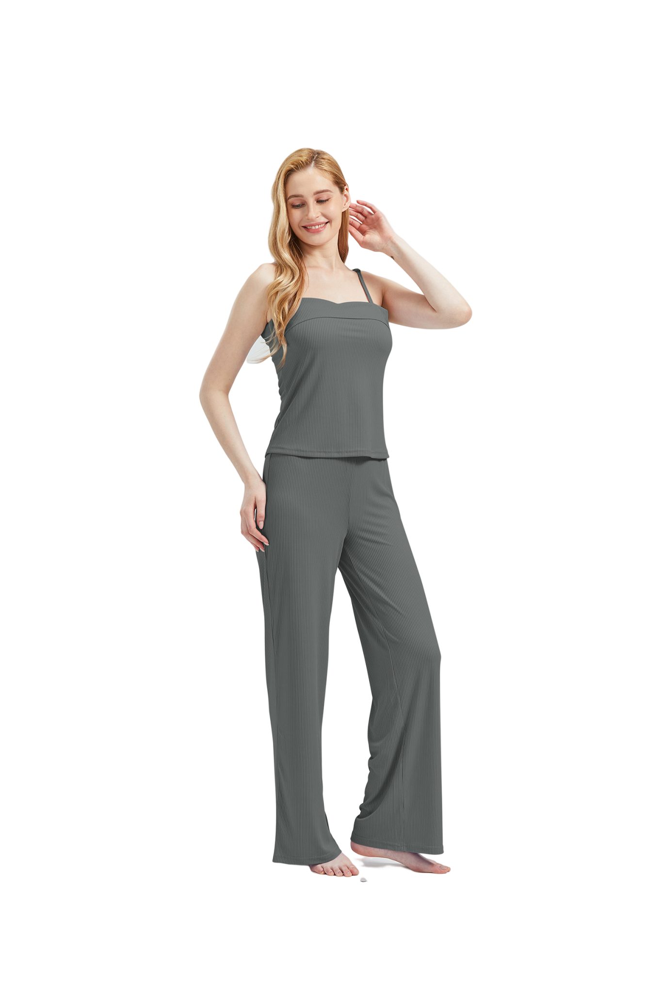 (Set, Top Damenwäsche Hose 3 RAIKOU tlg) incl.Jacket V-Ausschnitt Damen Grau Schlafanzug Pyjama-Set