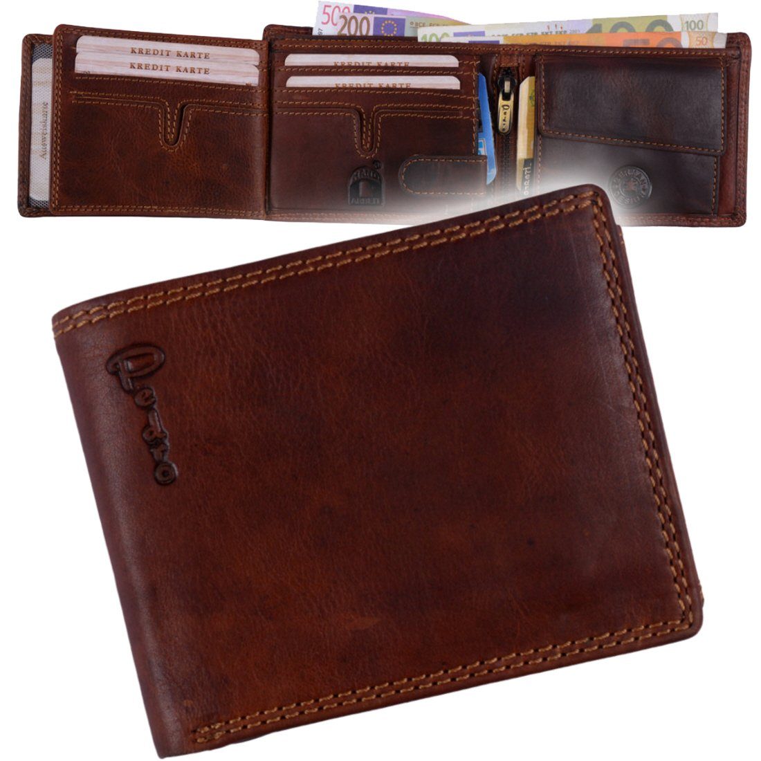 Männerbörse Leder Schutz RFID Münzfach SHG Lederbörse Herren Brieftasche mit Portemonnaie, Geldbörse Börse Büffelleder