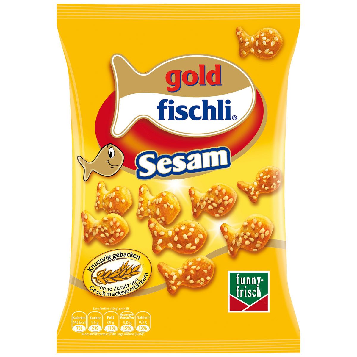 funny-frisch Knabberei, funny frisch Goldfischli Sesam knusprig goldbraun gebacken 100g