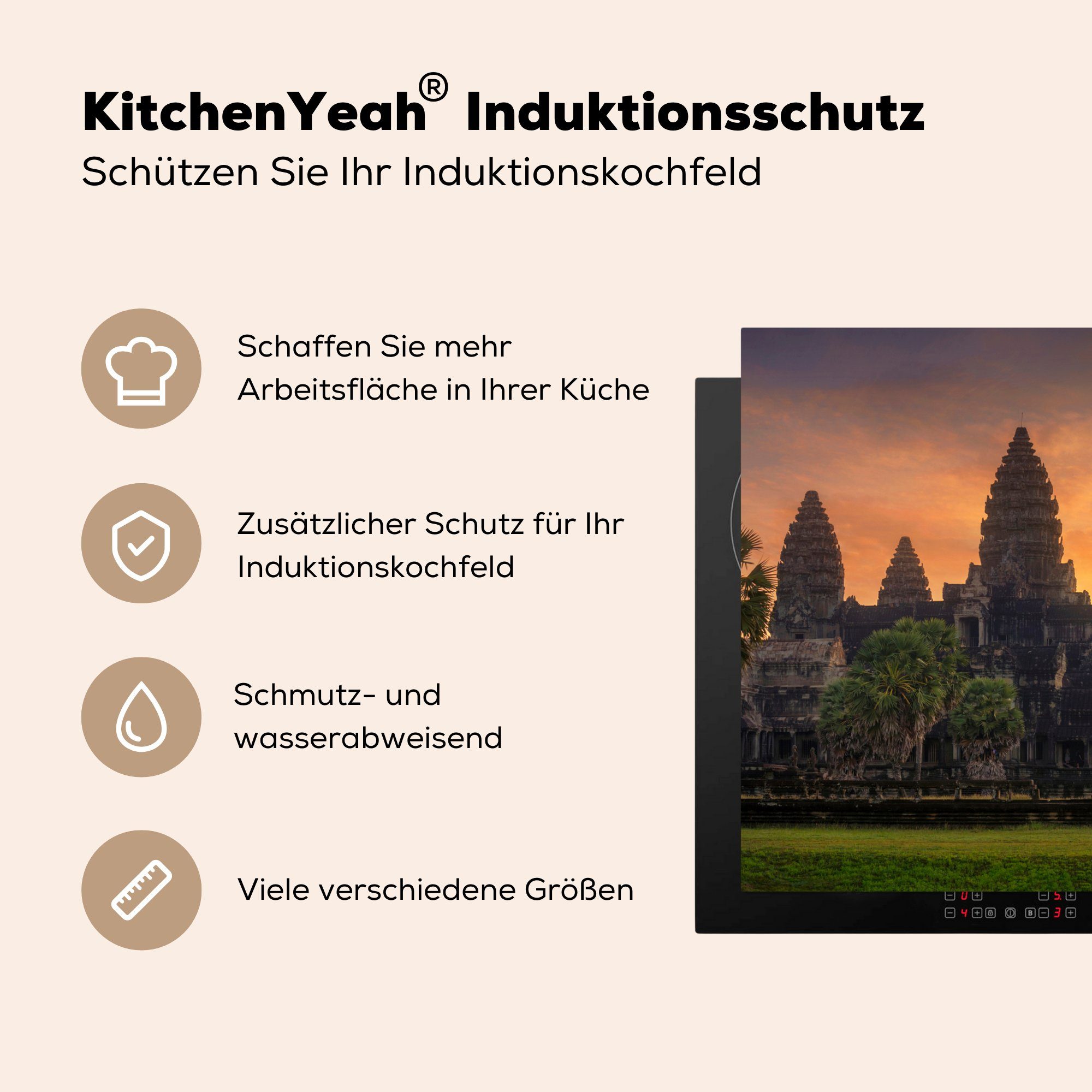 MuchoWow Angkor cm, Arbeitsplatte tlg), küche Vinyl, für Sonnenaufgang in Ceranfeldabdeckung, Wat, 78x78 (1 Herdblende-/Abdeckplatte