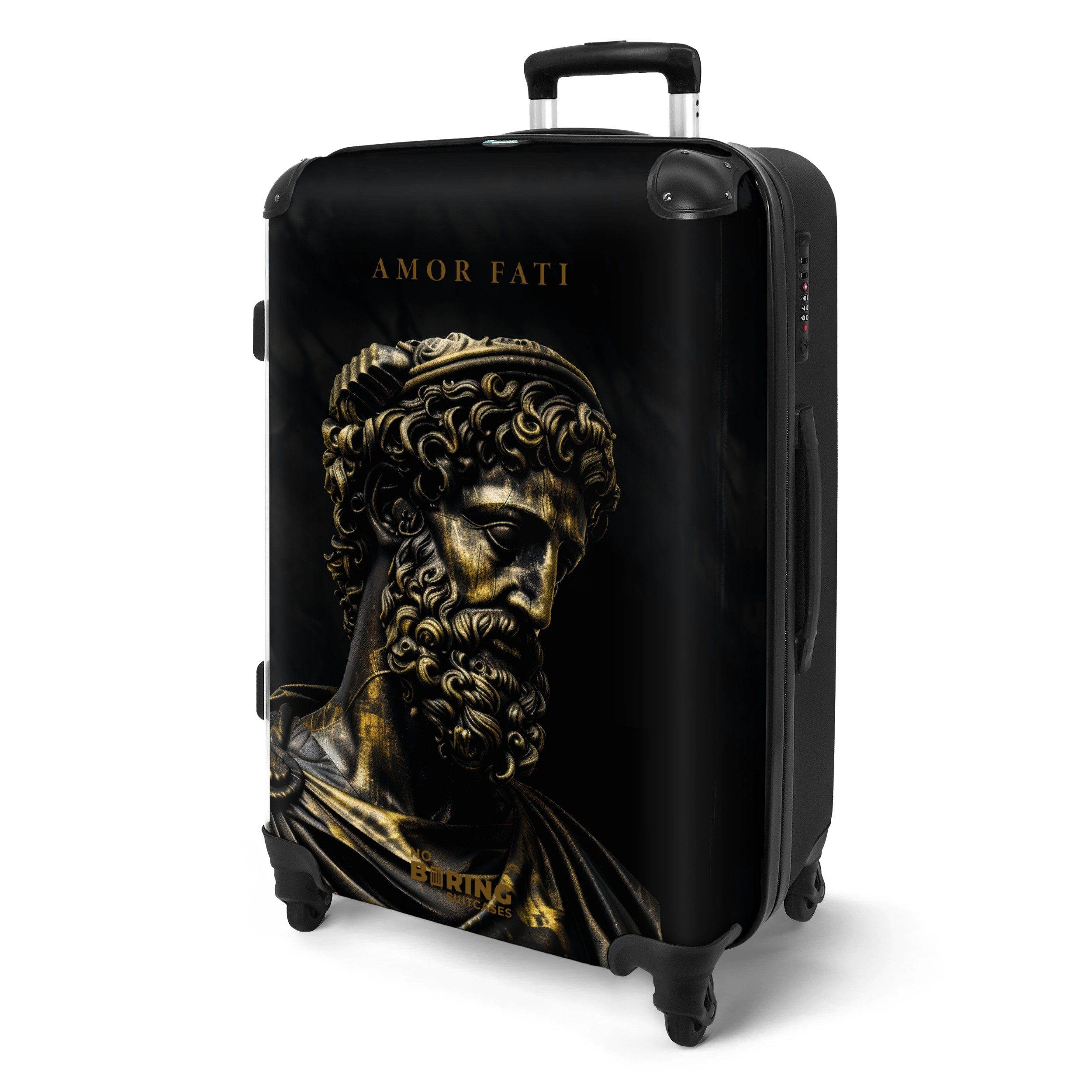 NoBoringSuitcases.com© Hartschalen-Trolley Schwarz-goldene griechische Stat günstig online kaufen