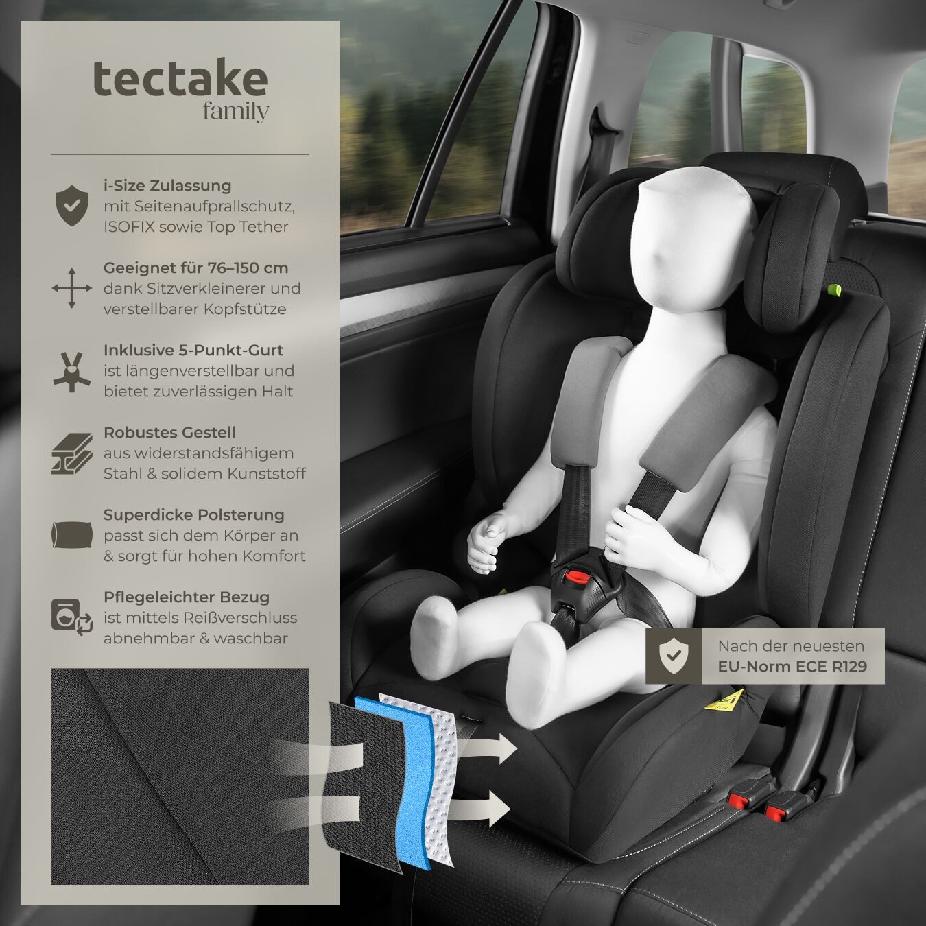 tectake Autokindersitz Sicherheitssitz, ab 15 Monaten, 76–150 cm, Belastbarkeit 36 kg, (Autositz für Kinder Emely), i-Size, ISOFIX, Top Tether, Seitenaufprallschutz