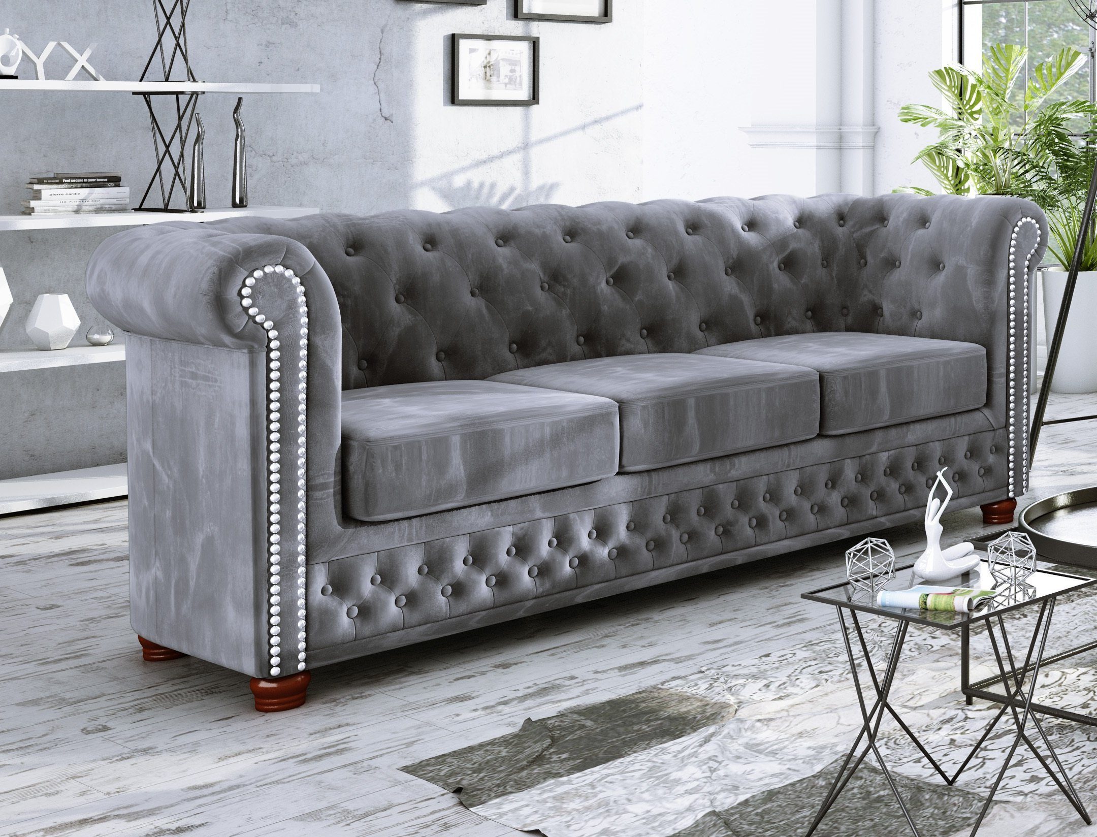 S-Style Möbel 3-Sitzer Leeds Chesterfield Sofa, mit Wellenfederung Grau