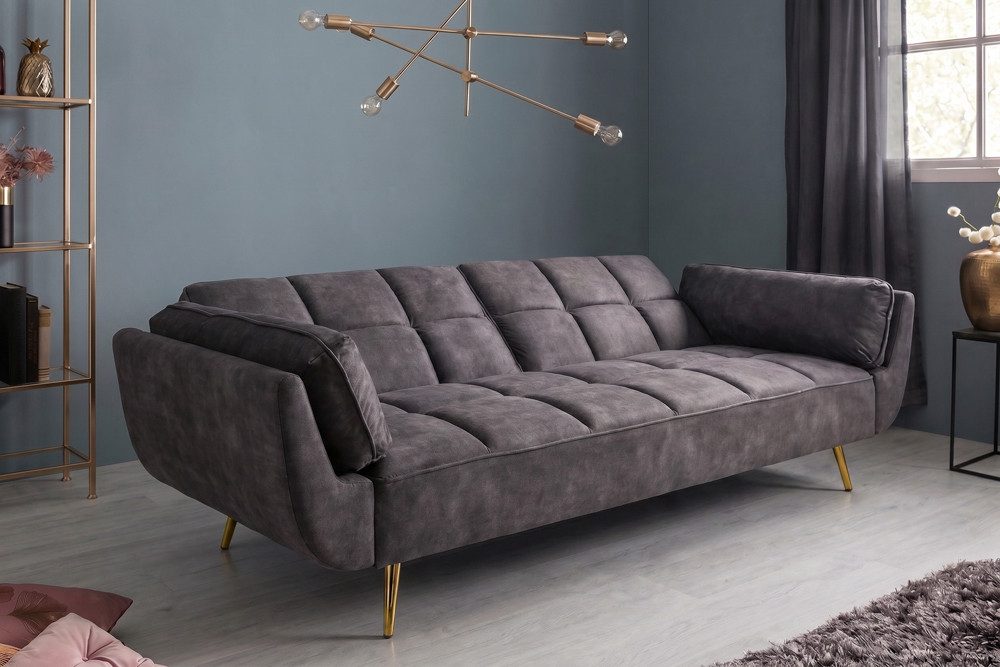 riess-ambiente Schlafsofa BOUTIQUE 215cm dunkelgrau/gold - Samt, Bettfunktion, 3-Sitzer, Einzelartikel 1 Teile, Nosagfederung und goldene Füße – ideal für Wohnz – Bild 4 von 5