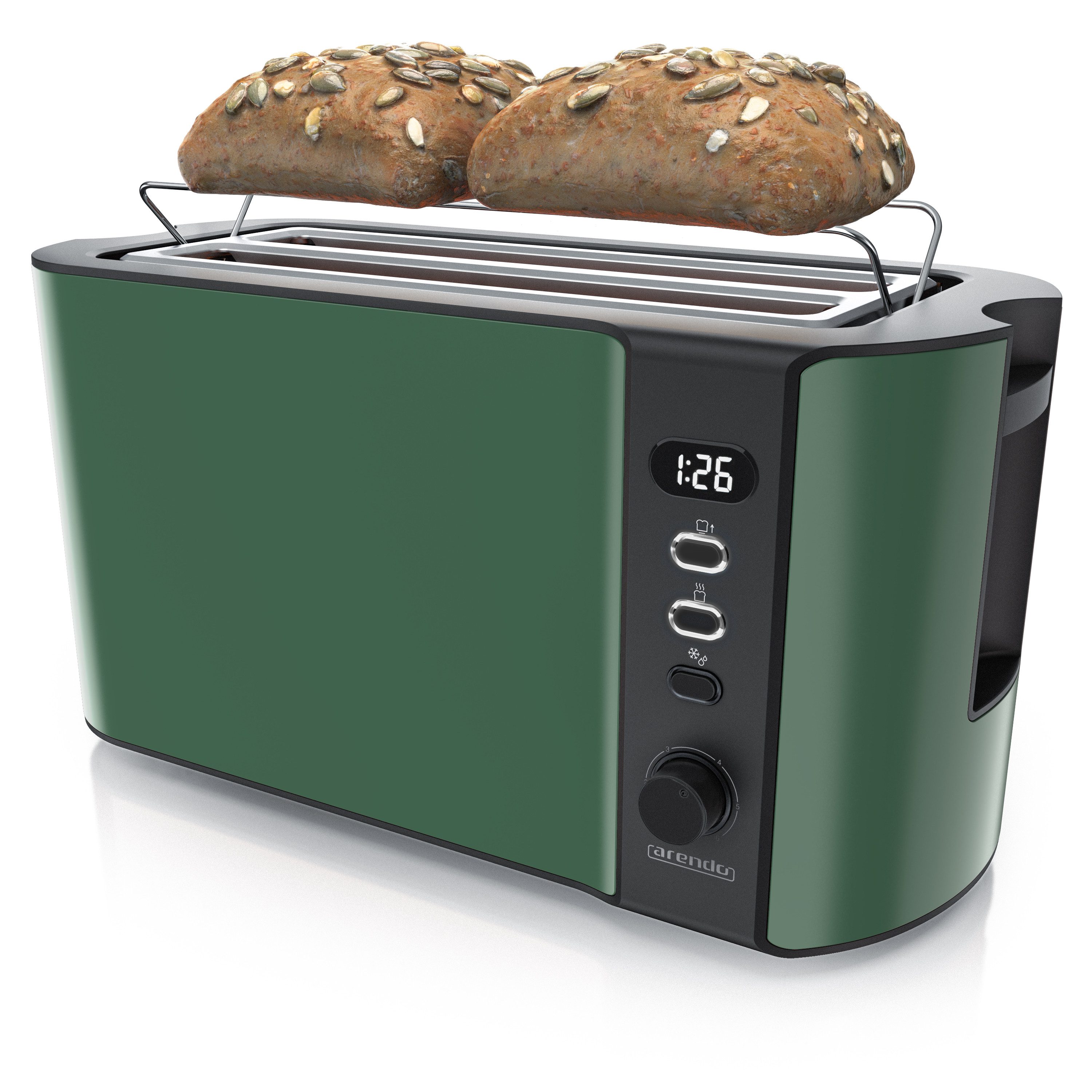 Arendo Тостеры Edelstahl, Langschlitz, Display mit Restzeitanzeige, Krümelschublade, 2 lange Schlitze, für 4 Scheiben, 1500 W, Defrost Funktion, Wärmeisolierendes Gehäuse, mit Brötchenaufsatz