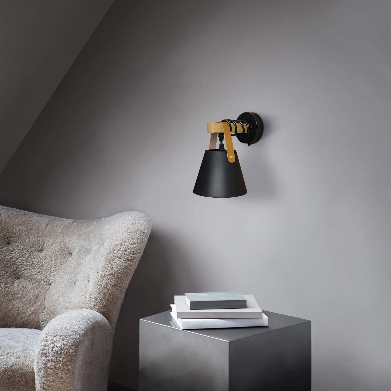 Schwarz Holz Wandlampe wechselbar Wandleuchte LED E27 ZMH Innenbeleuchtung, Vintage Industrie