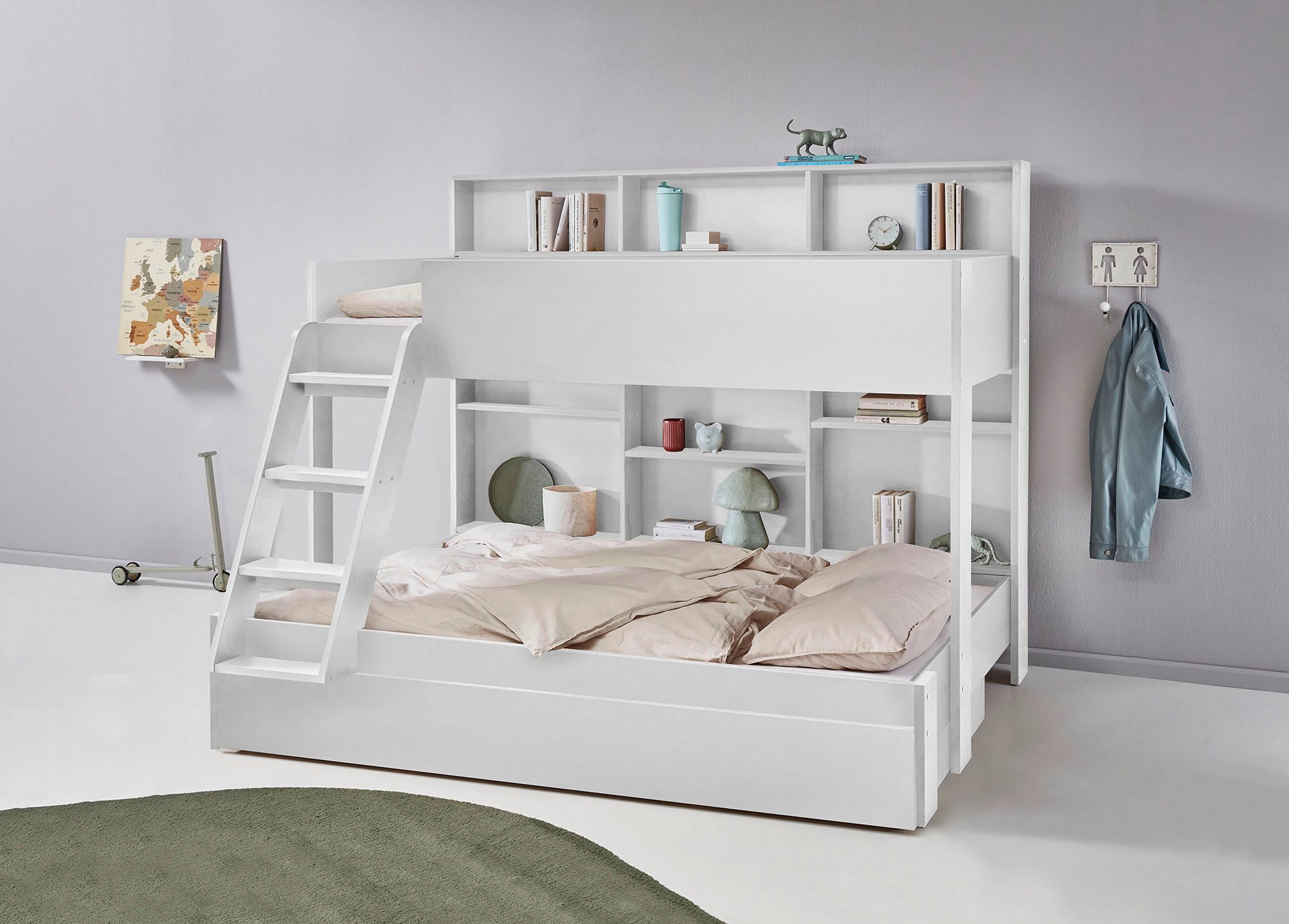 Relita Etagenbett viel Stauraum, pflegeleichte Melamin Oberfläche, 3 Farben zur Wahl (viele Regalfächer an der Bettrückseite, inkl. Schublade auf Rollen), viel Stauraum, pflegeleichte Melamin Oberfläche, 3 Farben zur Wahl