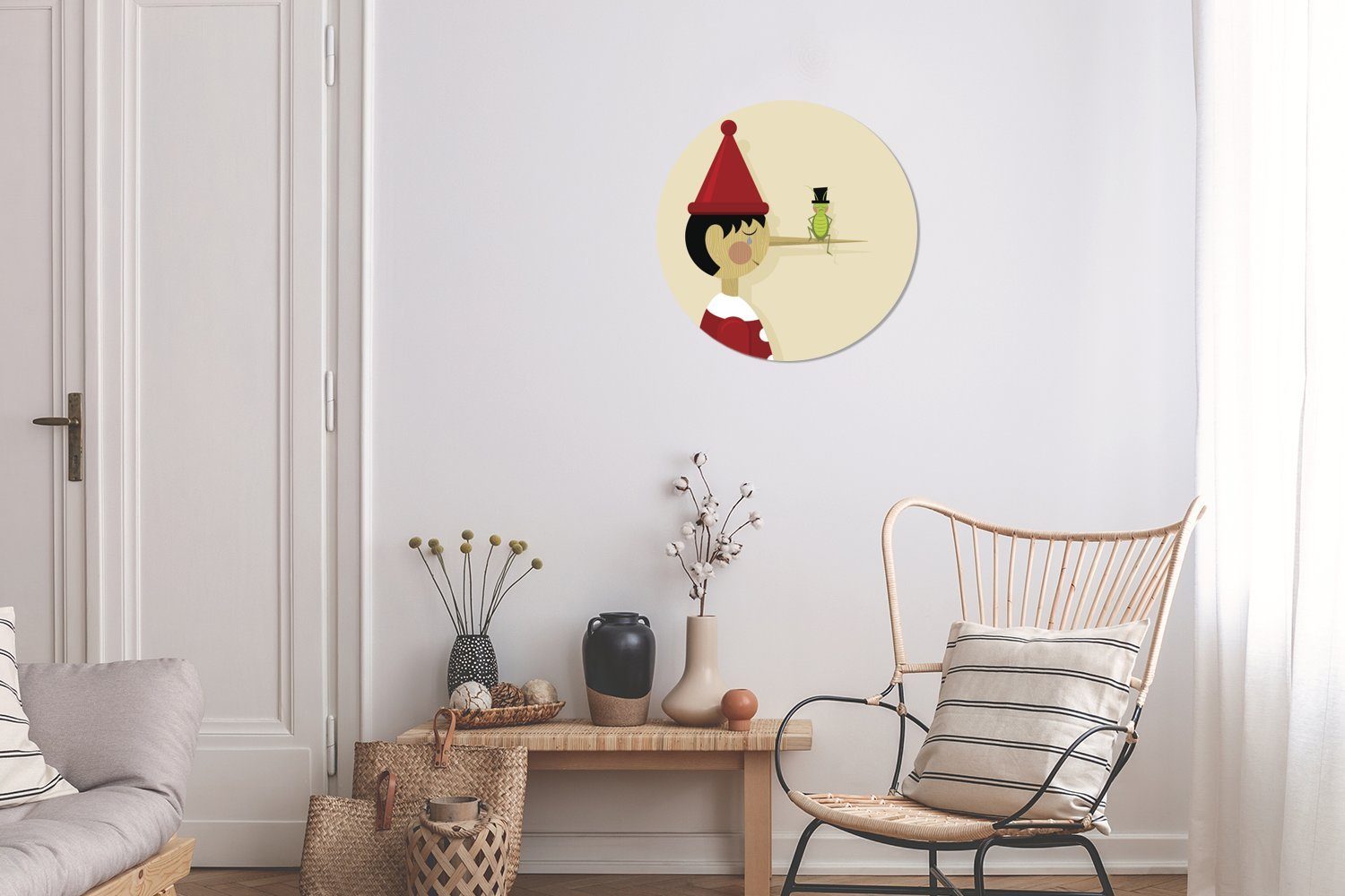 MuchoWow Wandsticker Eine Illustration Tapetenaufkleber, St), und der Pinocchio Grille sprechenden (1 Rund, Kinderzimmer, für Tapetenkreis Wohnzimmer von