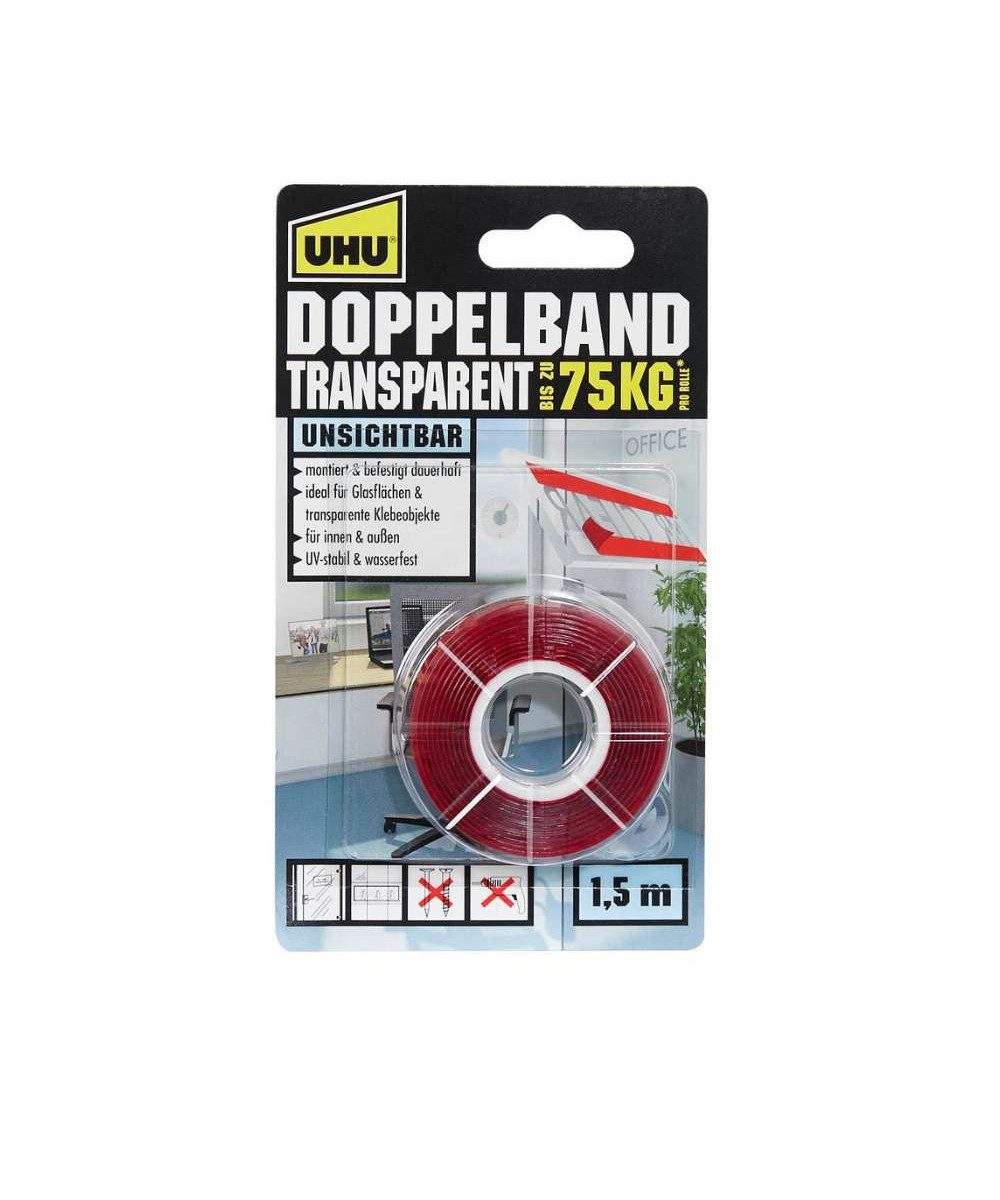 UHU Doppelklebeband UHU TRANSPARENT doppelseitiges Klebeband 19,0 mmx1,5 m (packung, 1-St., Doppelseitiges Klebeband) Glasflächen und transparente Klebeobjekte