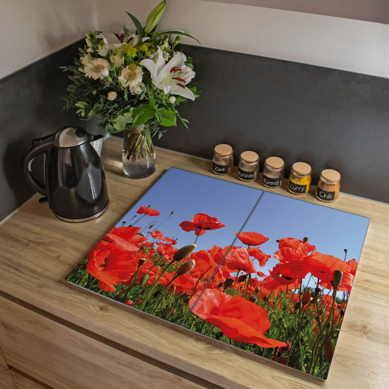 banjado Herd-Abdeckplatte zweiteilig aus Glas mit Motiv Mohnblumen, (gehärtet, 2 tlg., inkl. selbstklebende Gummifüßchen)