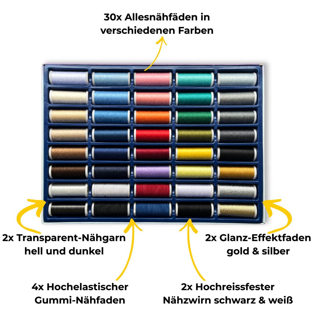 Zettl GmbH Komplettset 40 Spulen, Nähmaschinen und Handnähen Nähgarn, (40-teilig), enthält Allesnähfaden, Nähzwirn, Effektgarn und Gummi-Nähfaden