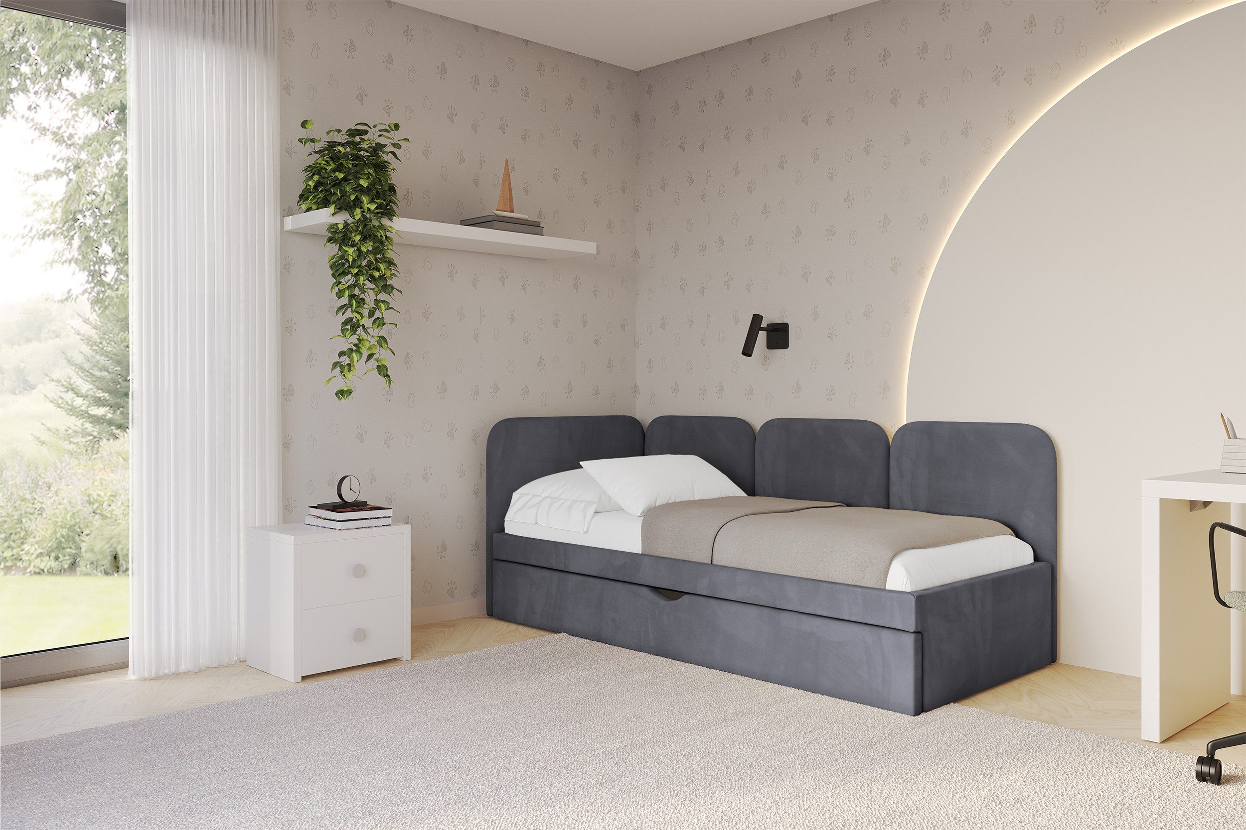 ALTDECOR Jugendbett ALVY (Jugendbett mit Bettkasten und Lattenrost, Polsterbett ohne Matratze), Einzelbett mit Stauraum, Bett mit Kopfteil