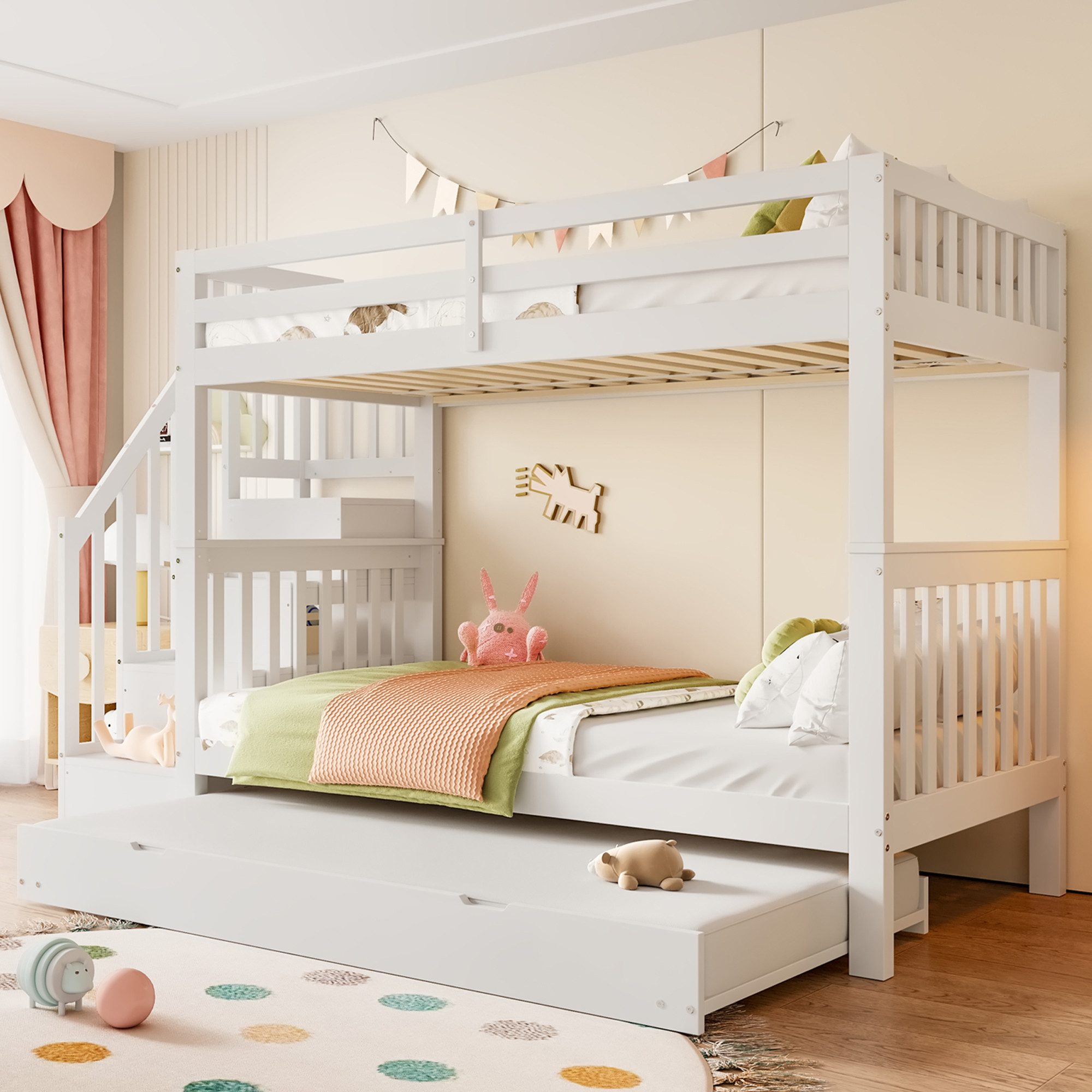 Flieks Etagenbett, Kinderbett Hochbett 90x200cm mit Stautreppe und Ausziehb günstig online kaufen