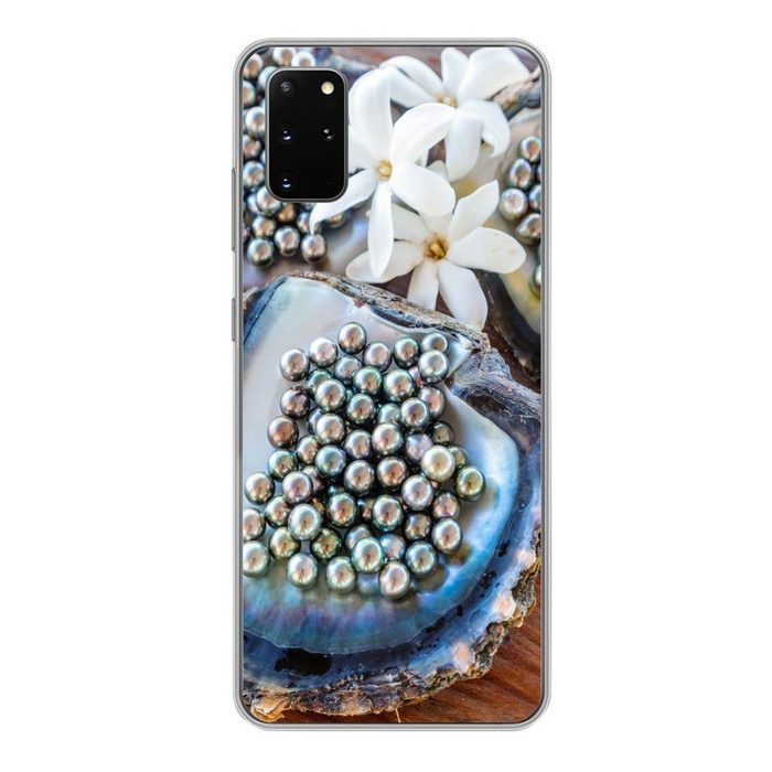 MuchoWow Handyhülle Weiße Blumen zwischen Austern mit schwarzen Perlen Phone Case Handyhülle Samsung Galaxy S20 Plus Silikon Schutzhülle