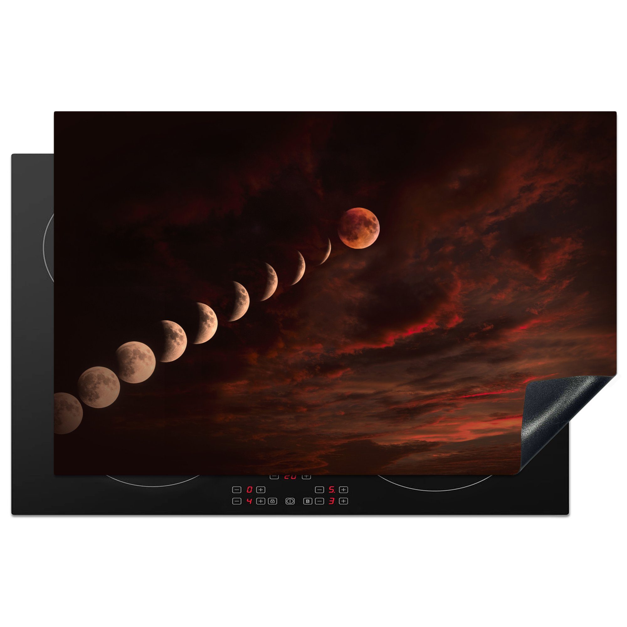 MuchoWow Herdblende-/Abdeckplatte Mond - Wolken - Rot, Vinyl, (1 tlg), 81x52 cm, Induktionskochfeld Schutz für die küche, Ceranfeldabdeckung