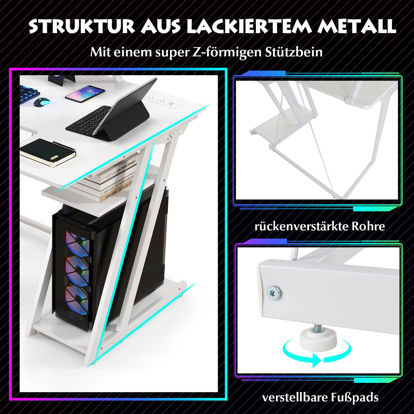 KOMFOTTEU Computertisch, mit Steckdosen & USB-Anschlüssen, 107 x 45 x 93 cm