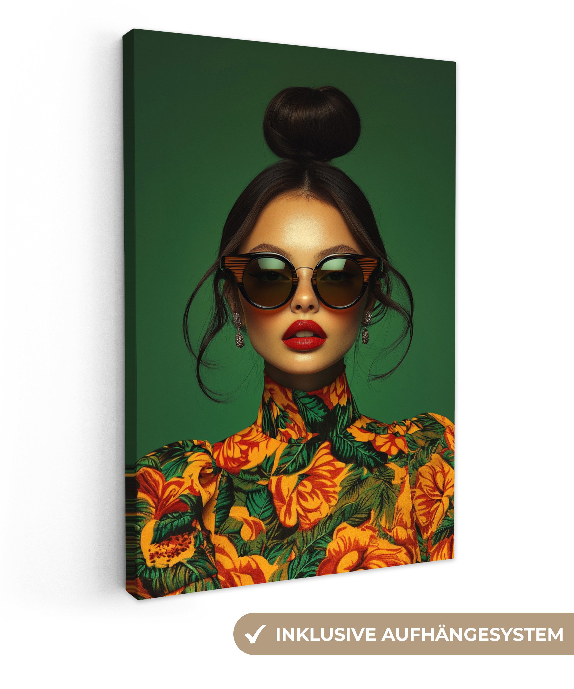 OneMillionCanvasses® Leinwandbild Frau - Grün - Modern - Brille - Abstrakt, günstig online kaufen