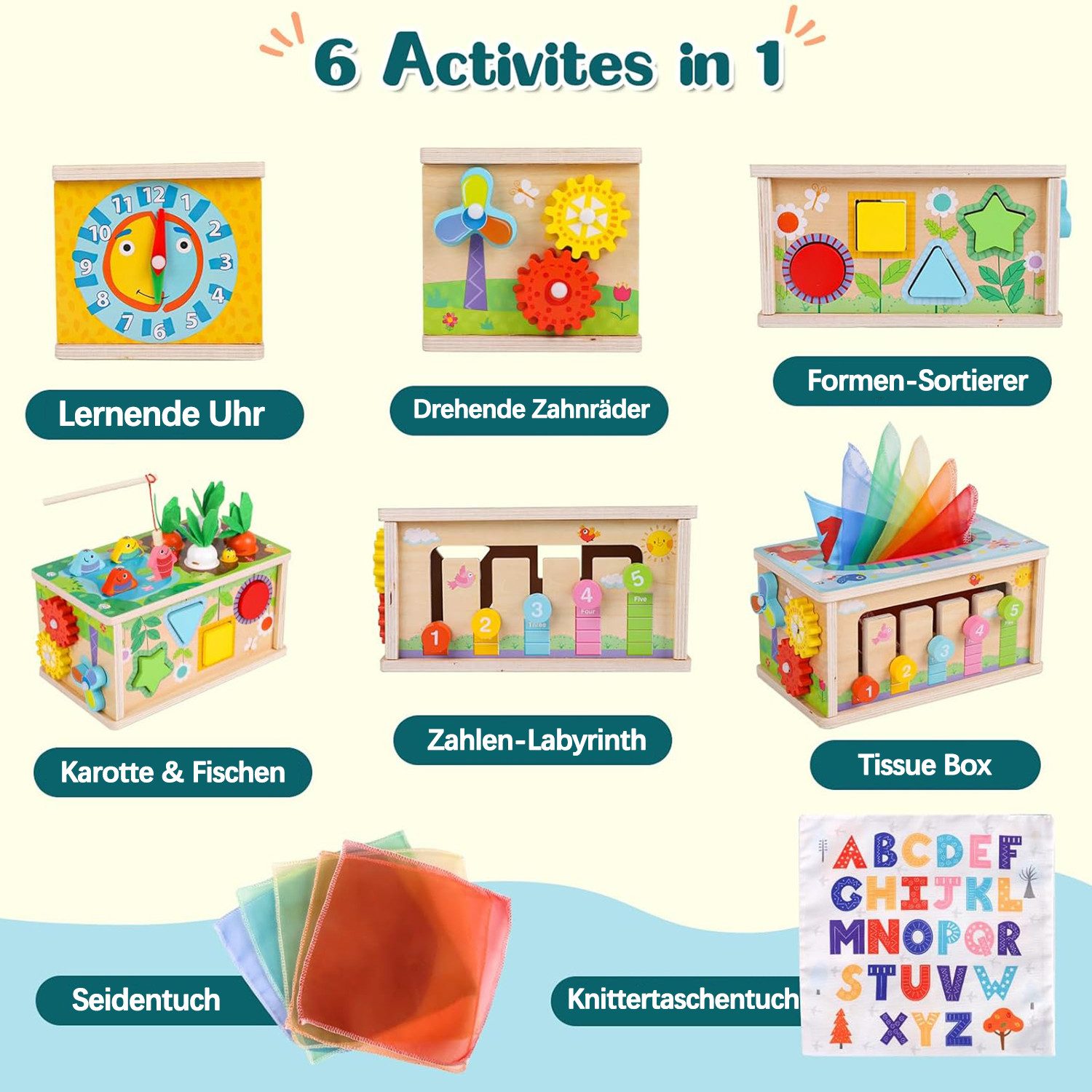 Bextcok Motorikwürfel 6‑in‑1 Montessori Motorikwürfel aus Holz, Babyspielze günstig online kaufen