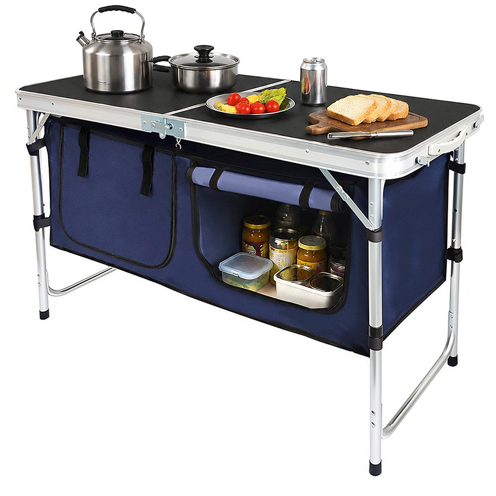 DAITORE Campingschrank Campingküche Faltbar, Leicht Campingschrank mit Aluminiumgestell Campingtisch Klappbar mit 2 Große Staufächer