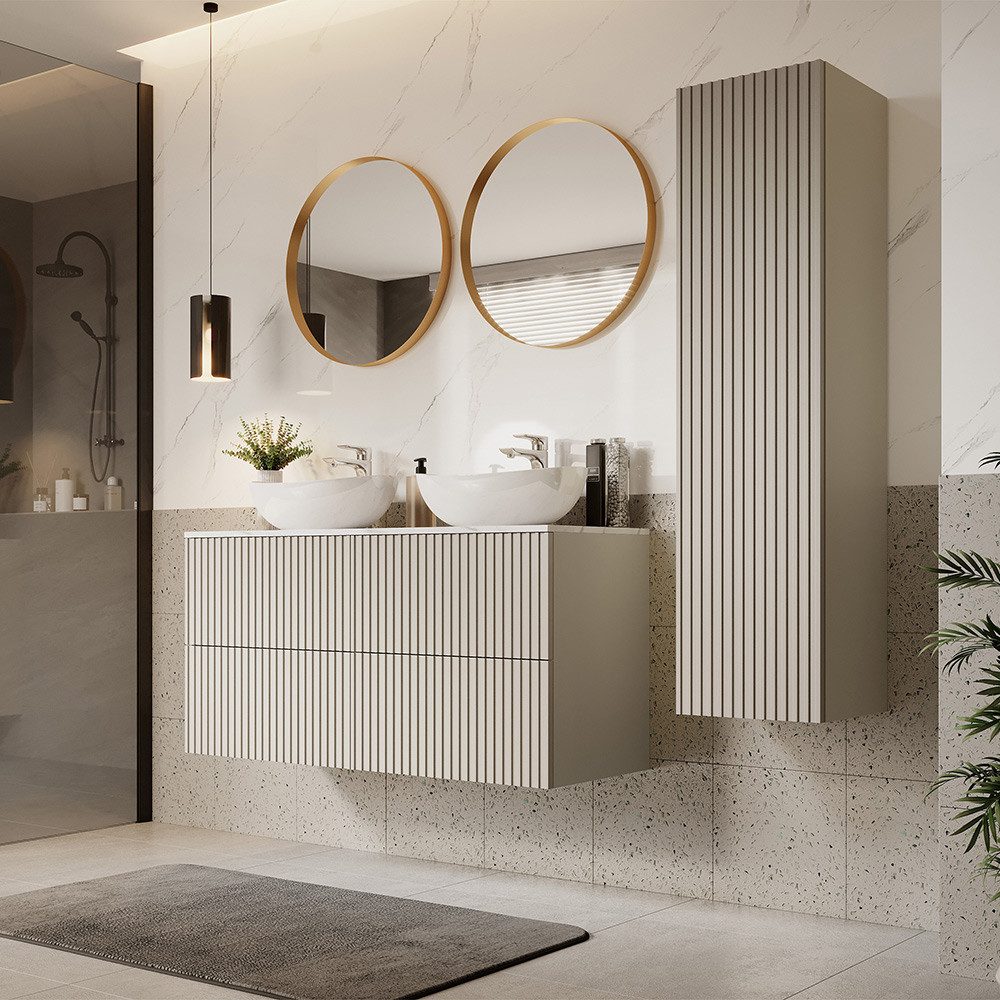 Lomadox Badmöbel-Set NAVASOTA-141, (Spar-Set, 4-St., Spiegel Doppelwaschtisch Hochschrank), in kaschmir, gerillte Front, 120 cm Waschtisch mit marmorierter Platte