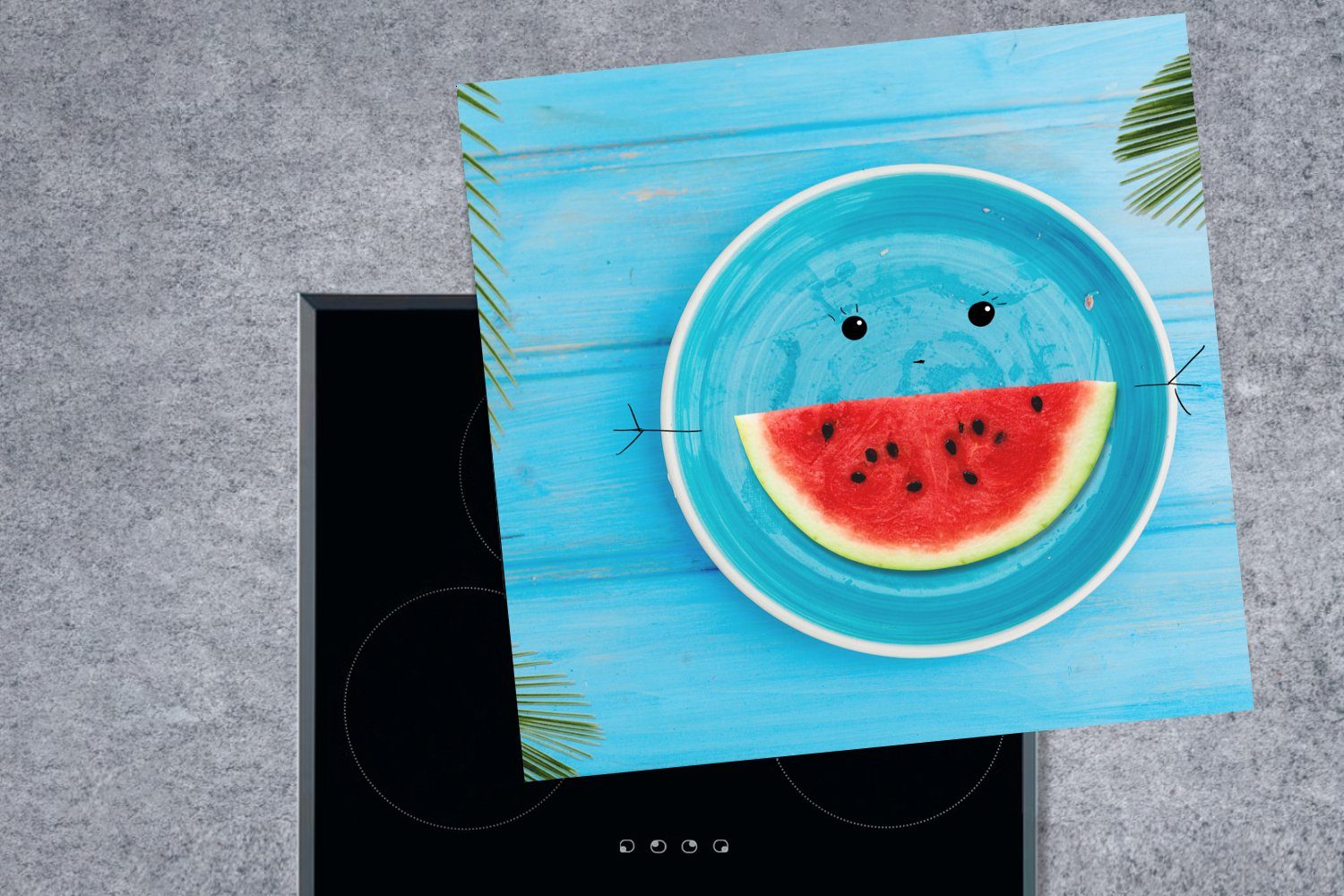 Blau, Ceranfeldabdeckung, küche für MuchoWow 78x78 Arbeitsplatte (1 - cm, Wassermelone tlg), Herdblende-/Abdeckplatte - Vinyl, Sommer