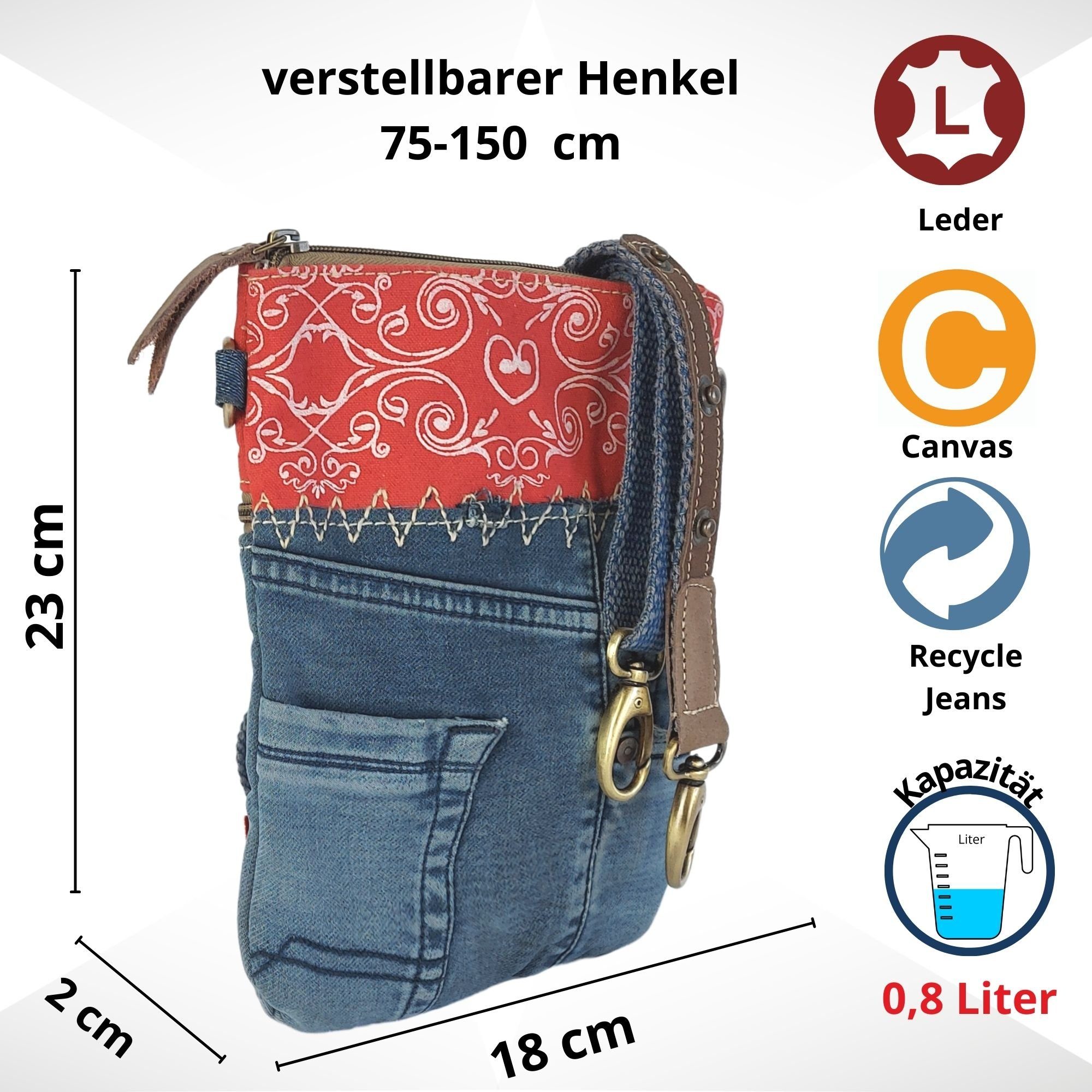 Sunsa Umhängetasche Damen nachhaltige Umhängetasche, Kleine rot/blau Crossbody Bag, erhält recycelte Material, Used Jeans Hose